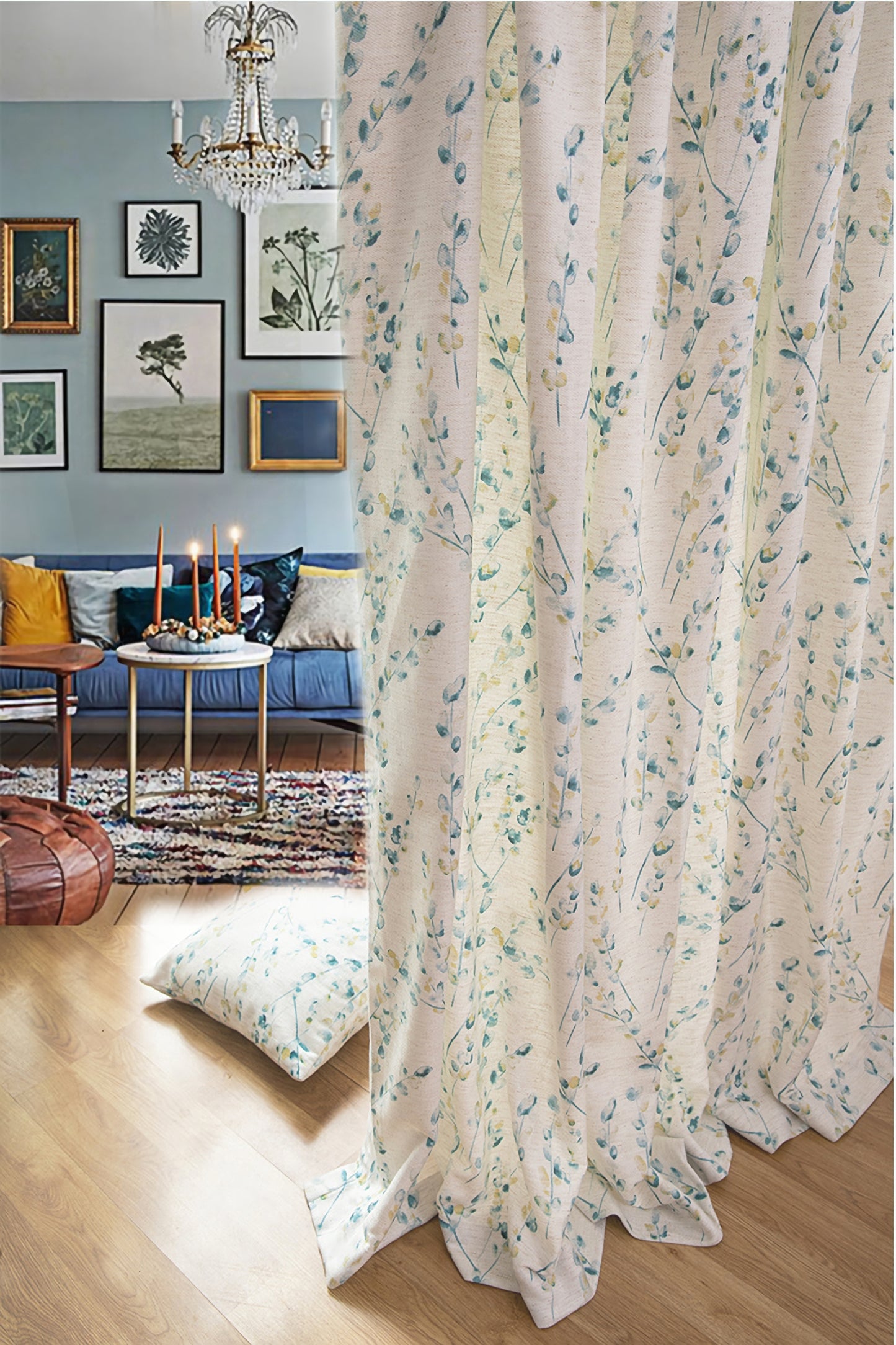 A pair of Panels Floral Botanical Curtains, Blue flower, Pattern Floral Curtains, Bedroom/curtains for living room, Custom Curtain Panels