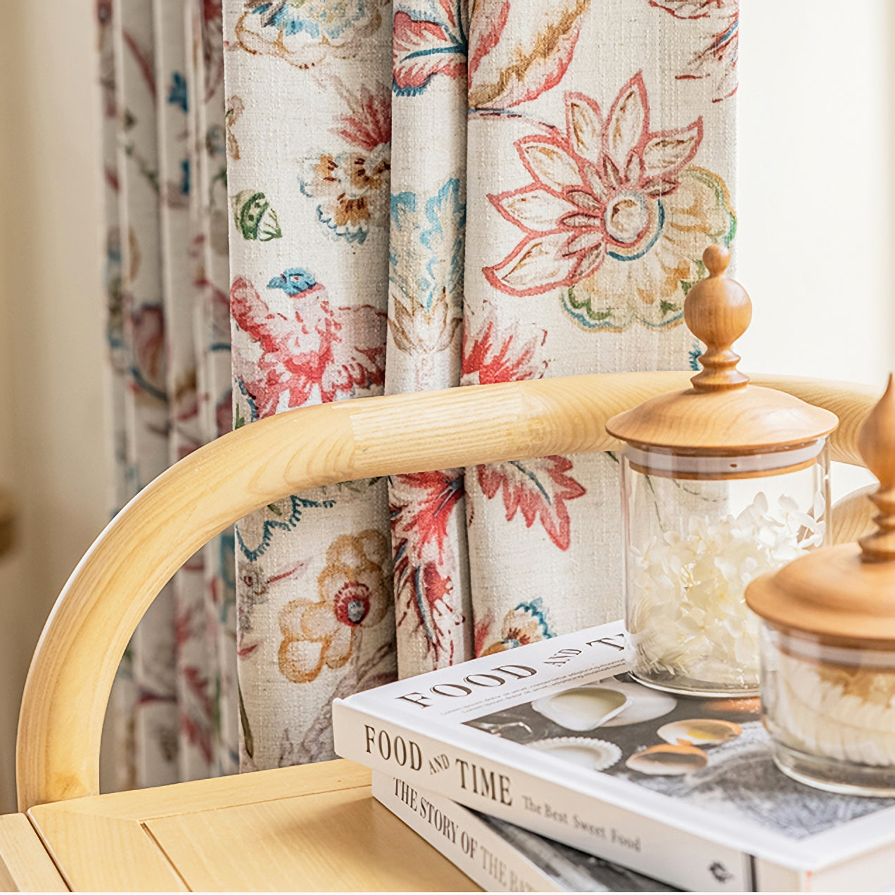 Pair of Beige Plant Birds illustration Flowers Print Curtain Panels, Rustic-farmhouse Drapes Bedroom-Curtains for living room-Custom Curtain