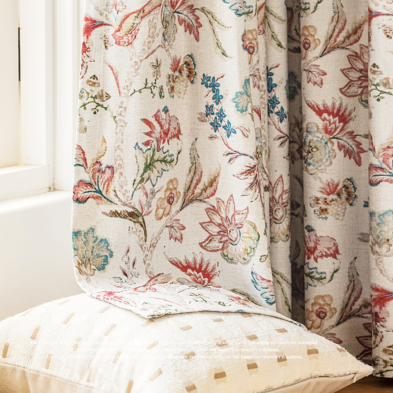 Pair of Beige Plant Birds illustration Flowers Print Curtain Panels, Rustic-farmhouse Drapes Bedroom-Curtains for living room-Custom Curtain