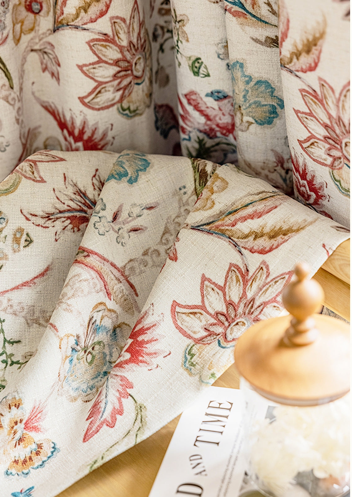 Pair of Beige Plant Birds illustration Flowers Print Curtain Panels, Rustic-farmhouse Drapes Bedroom-Curtains for living room-Custom Curtain