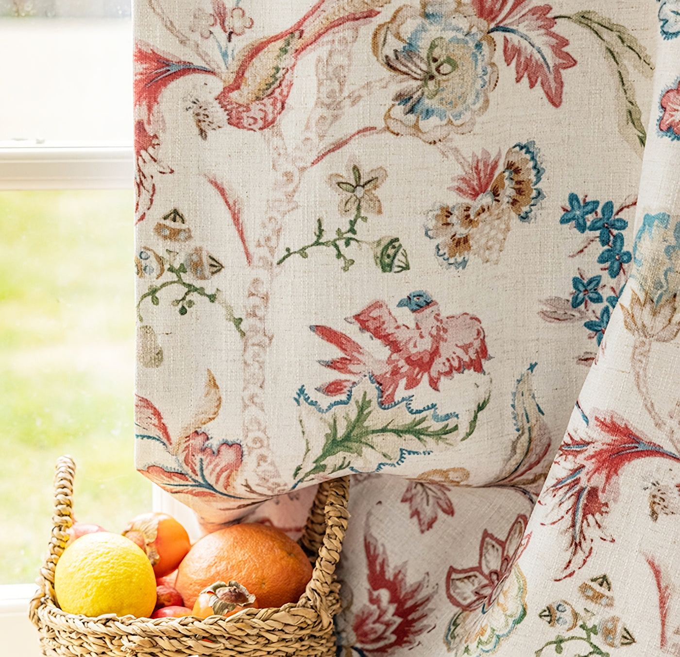 Pair of Beige Plant Birds illustration Flowers Print Curtain Panels, Rustic-farmhouse Drapes Bedroom-Curtains for living room-Custom Curtain