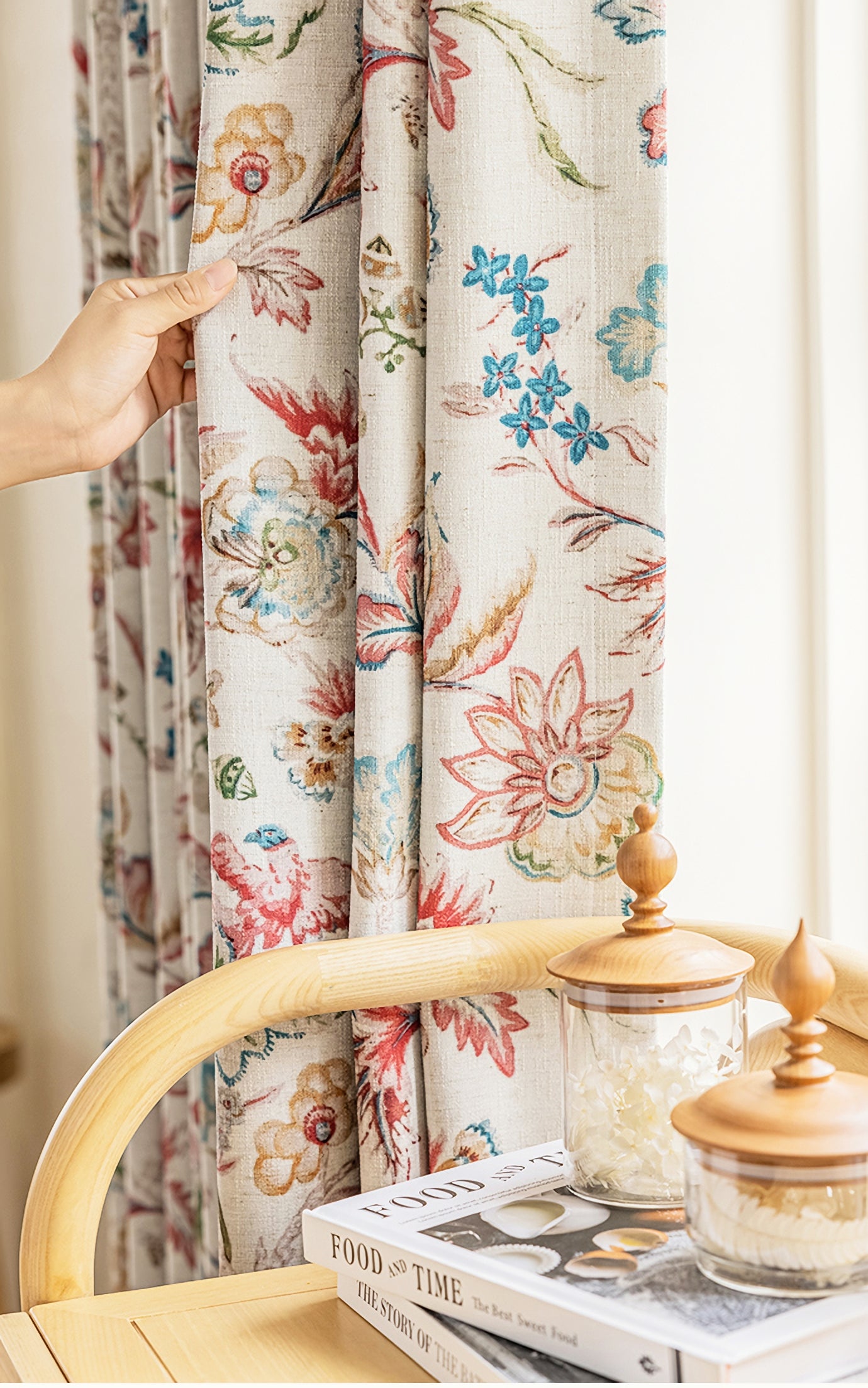 Pair of Beige Plant Birds illustration Flowers Print Curtain Panels, Rustic-farmhouse Drapes Bedroom-Curtains for living room-Custom Curtain