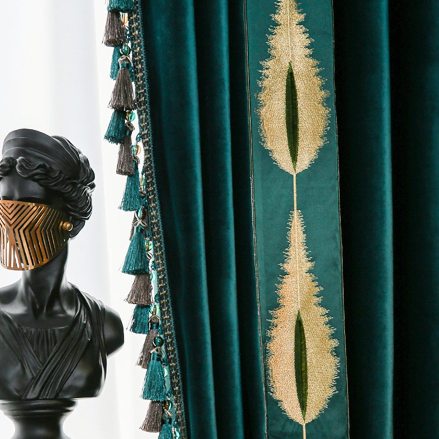 Set of 2 Emerald Green Tassels Velvet Curtains, Dark Green Grommet Velvet Curtain, Living Room of Curtains, With Trim Custom Size Curtains