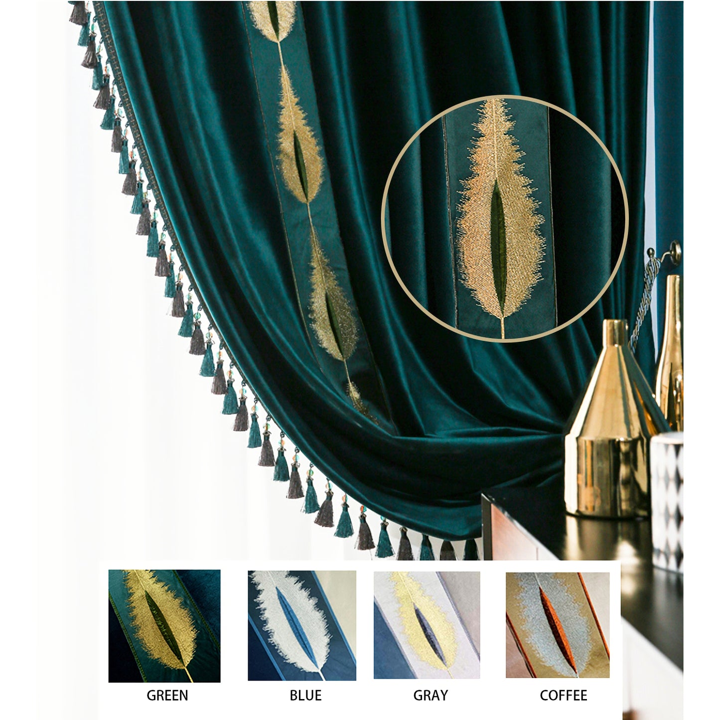 Set of 2 Emerald Green Tassels Velvet Curtains, Dark Green Grommet Velvet Curtain, Living Room of Curtains, With Trim Custom Size Curtains