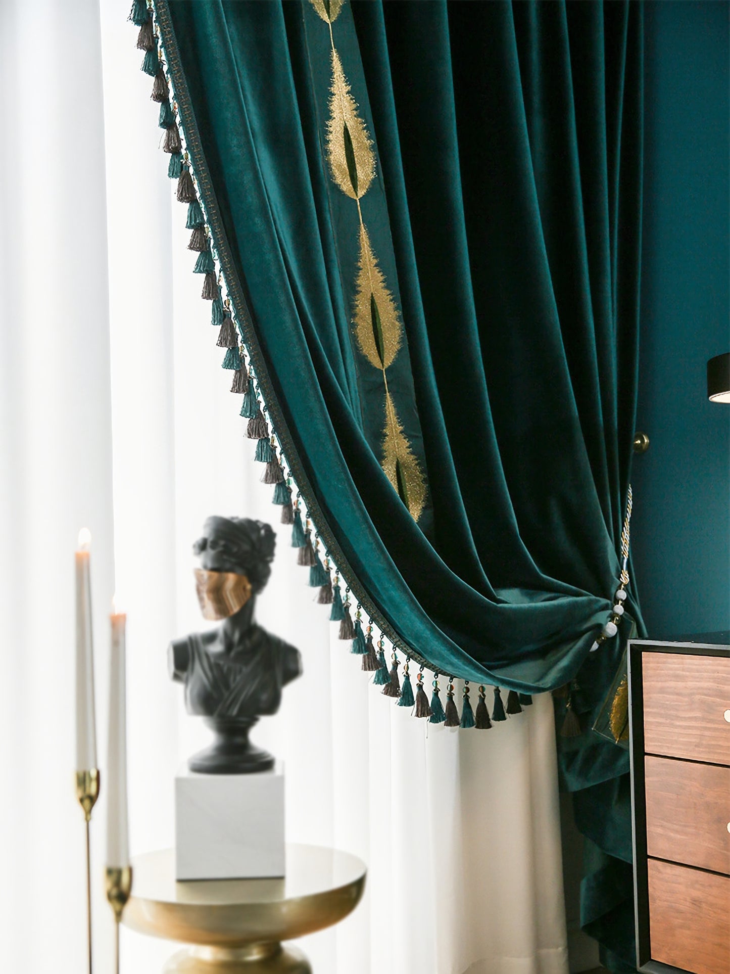 Set of 2 Emerald Green Tassels Velvet Curtains, Dark Green Grommet Velvet Curtain, Living Room of Curtains, With Trim Custom Size Curtains