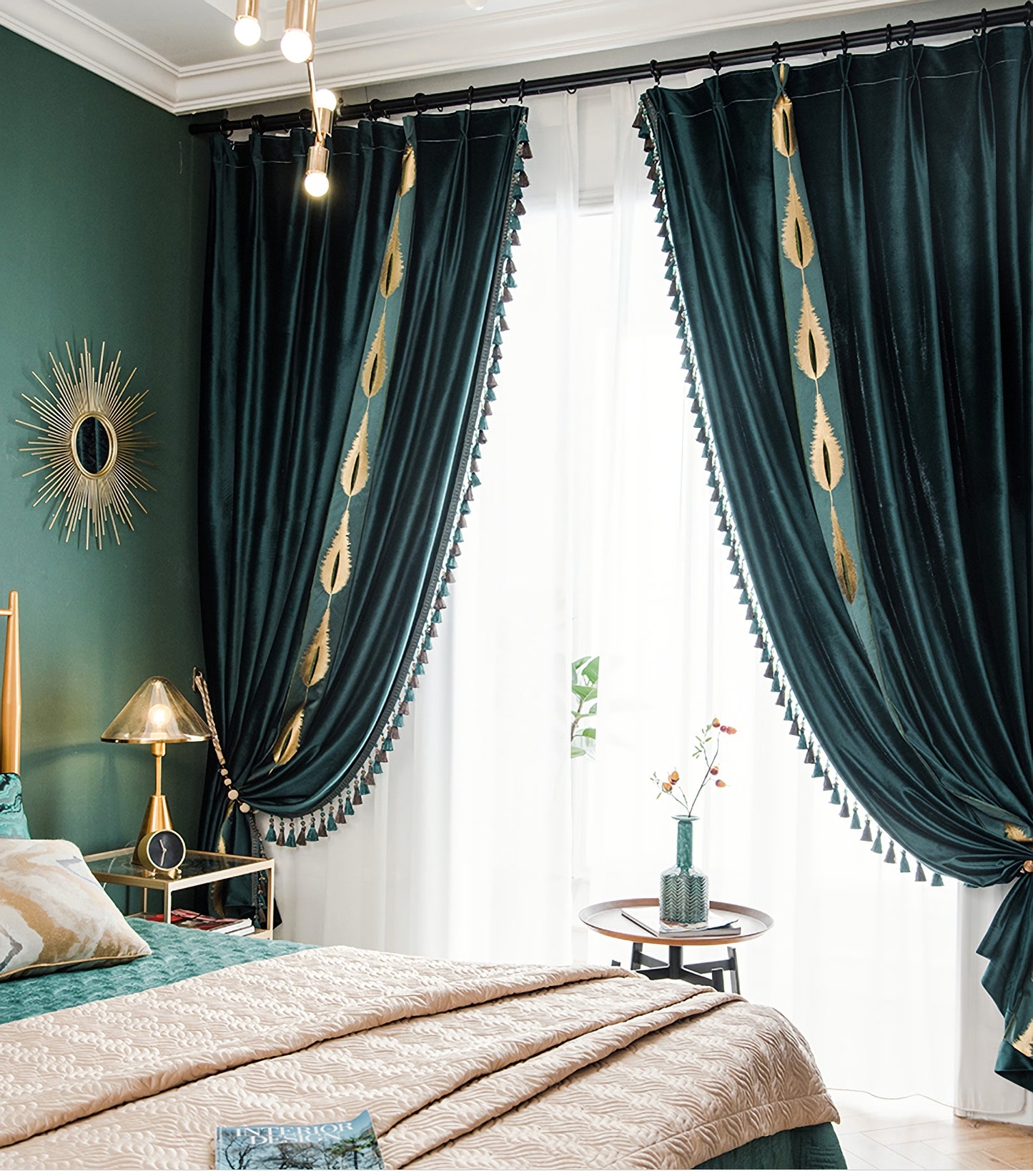Set of 2 Emerald Green Tassels Velvet Curtains, Dark Green Grommet Velvet Curtain, Living Room of Curtains, With Trim Custom Size Curtains