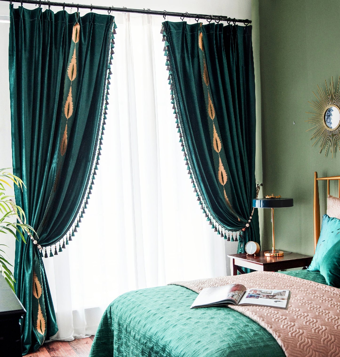 Set of 2 Emerald Green Tassels Velvet Curtains, Dark Green Grommet Velvet Curtain, Living Room of Curtains, With Trim Custom Size Curtains
