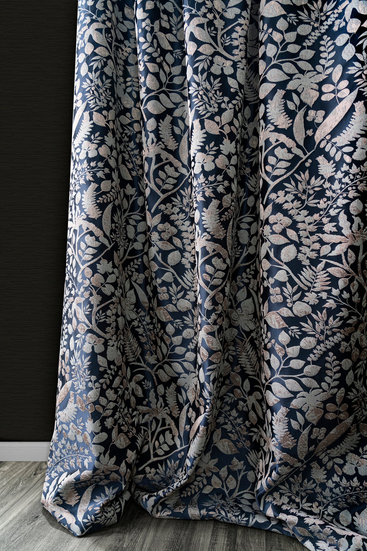 Pair of Dark Blue/ Navy Blue Luxury Golden Thread Botanical Floral Jacquard Curtains Draperies/ Bedroom/Living Room, Custom Curtains Panels
