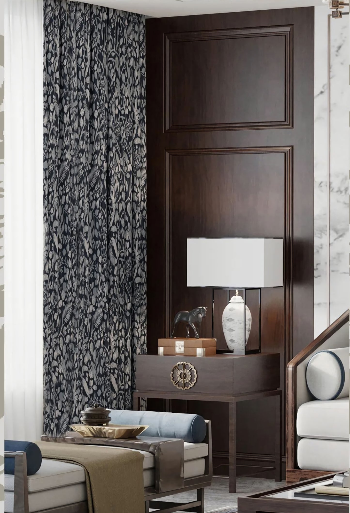 Pair of Dark Blue/ Navy Blue Luxury Golden Thread Botanical Floral Jacquard Curtains Draperies/ Bedroom/Living Room, Custom Curtains Panels
