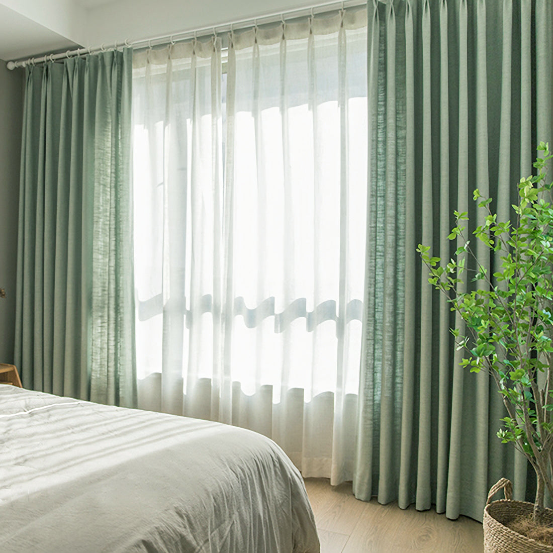 Pair of Heavyweight Mint Green Cotton Blend Curtain Panels, Wave Pleated Drapery Panels, Custom Curtain Drapes, Custom Window Treatments