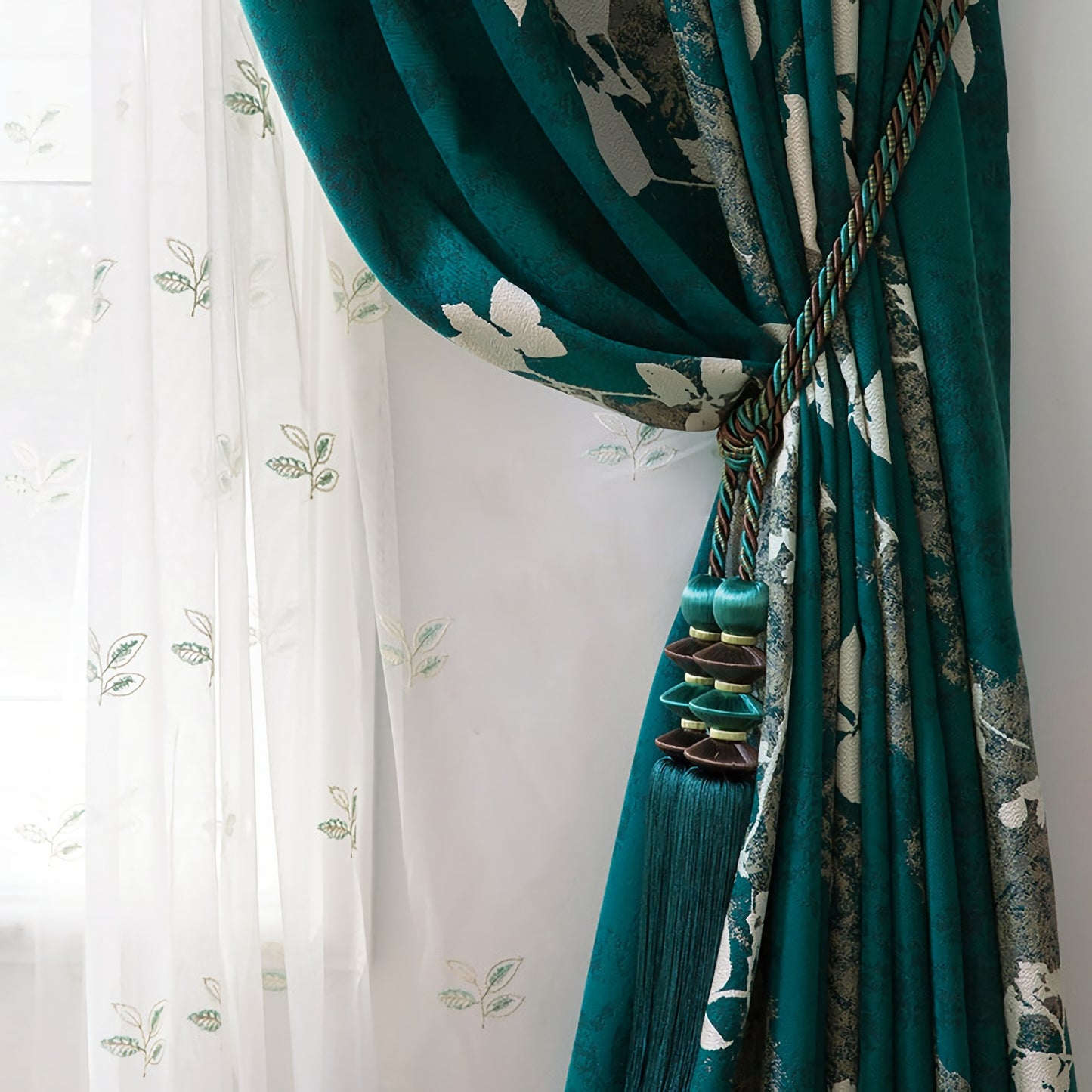 A Pair of Jacquard Abstract Pattern Curtains, Green Floral Window Curtain Draperies, Bedroom curtains for living room, Custom size curtains