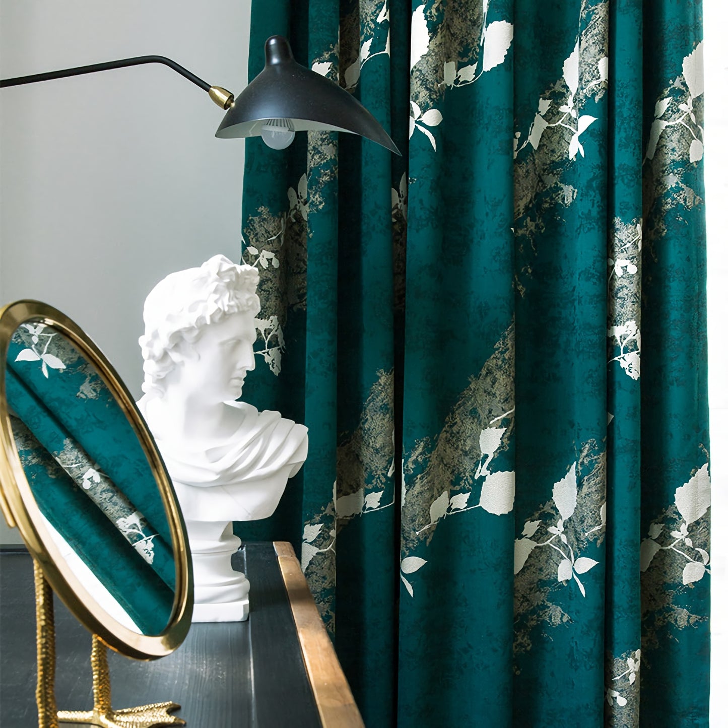 A Pair of Jacquard Abstract Pattern Curtains, Green Floral Window Curtain Draperies, Bedroom curtains for living room, Custom size curtains