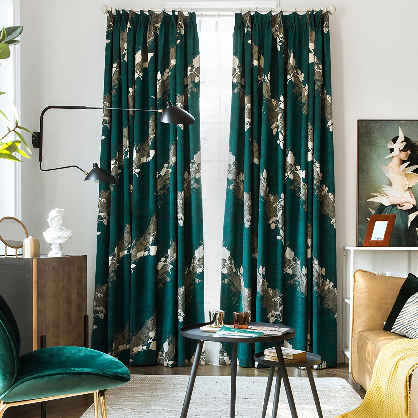 A Pair of Jacquard Abstract Pattern Curtains, Green Floral Window Curtain Draperies, Bedroom curtains for living room, Custom size curtains