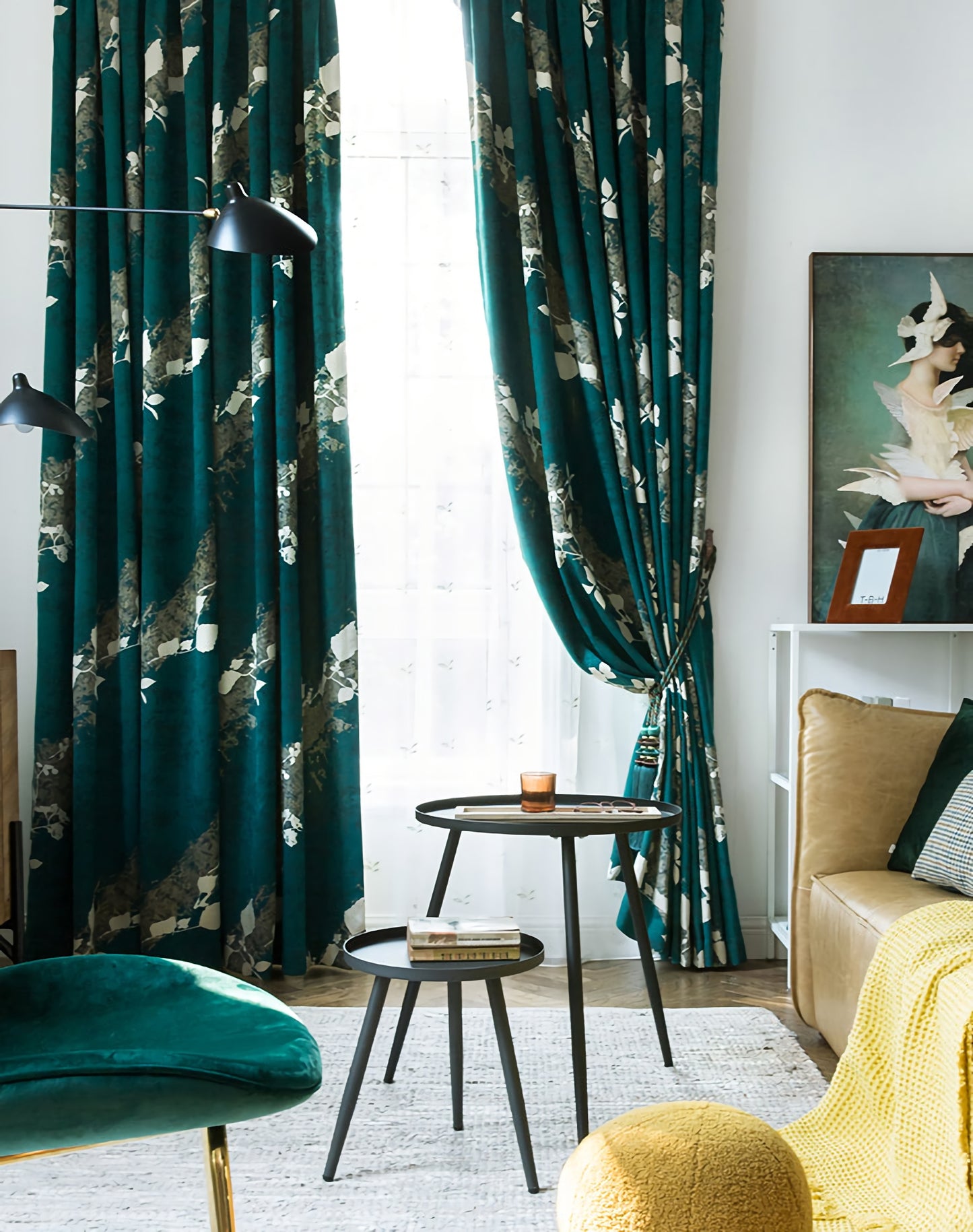 A Pair of Jacquard Abstract Pattern Curtains, Green Floral Window Curtain Draperies, Bedroom curtains for living room, Custom size curtains