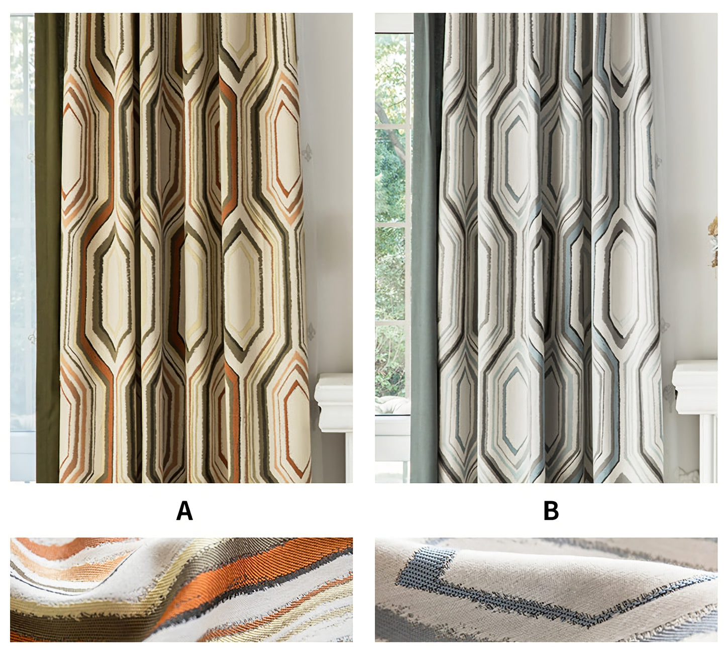 A pair of Custom Curtain Panels, Jacquard Geometric Pattern Curtains, Window Curtain Draperies, Bedroom/Curtains for living room