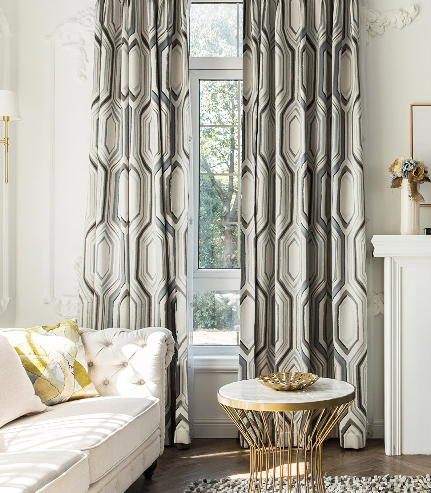 A pair of Custom Curtain Panels, Jacquard Geometric Pattern Curtains, Window Curtain Draperies, Bedroom/Curtains for living room