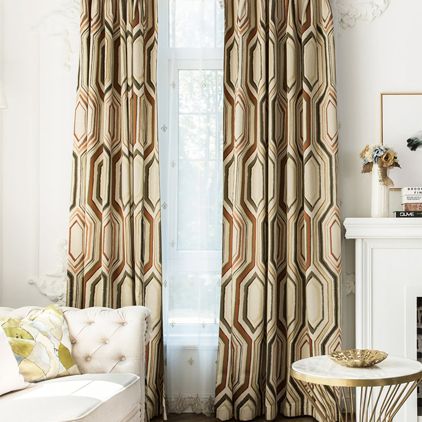 A pair of Custom Curtain Panels, Jacquard Geometric Pattern Curtains, Window Curtain Draperies, Bedroom/Curtains for living room