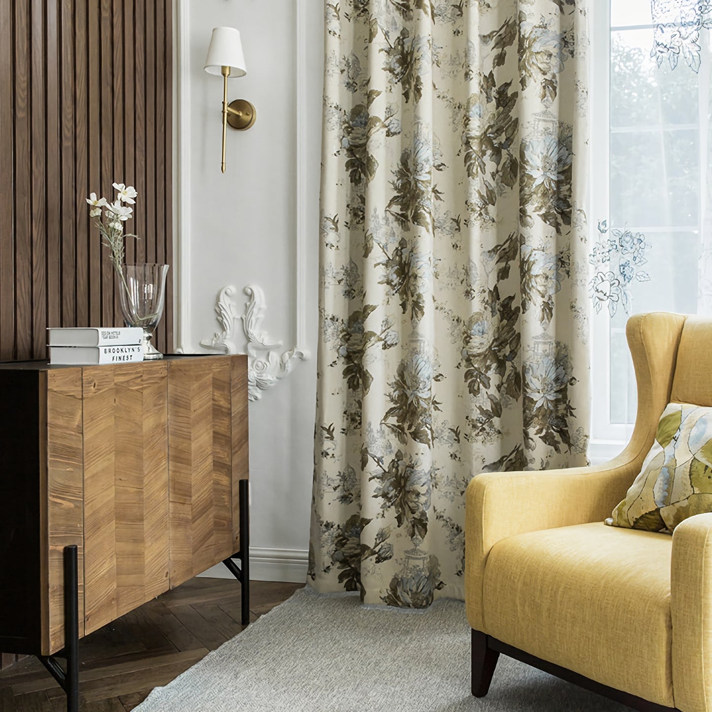 A Pair of Chenille Jacquard Curtain Floral Flowers Pattern, Cotton Blend Bedroom Living Room Curtains, Custom Size Curtains ,Drapery Panel