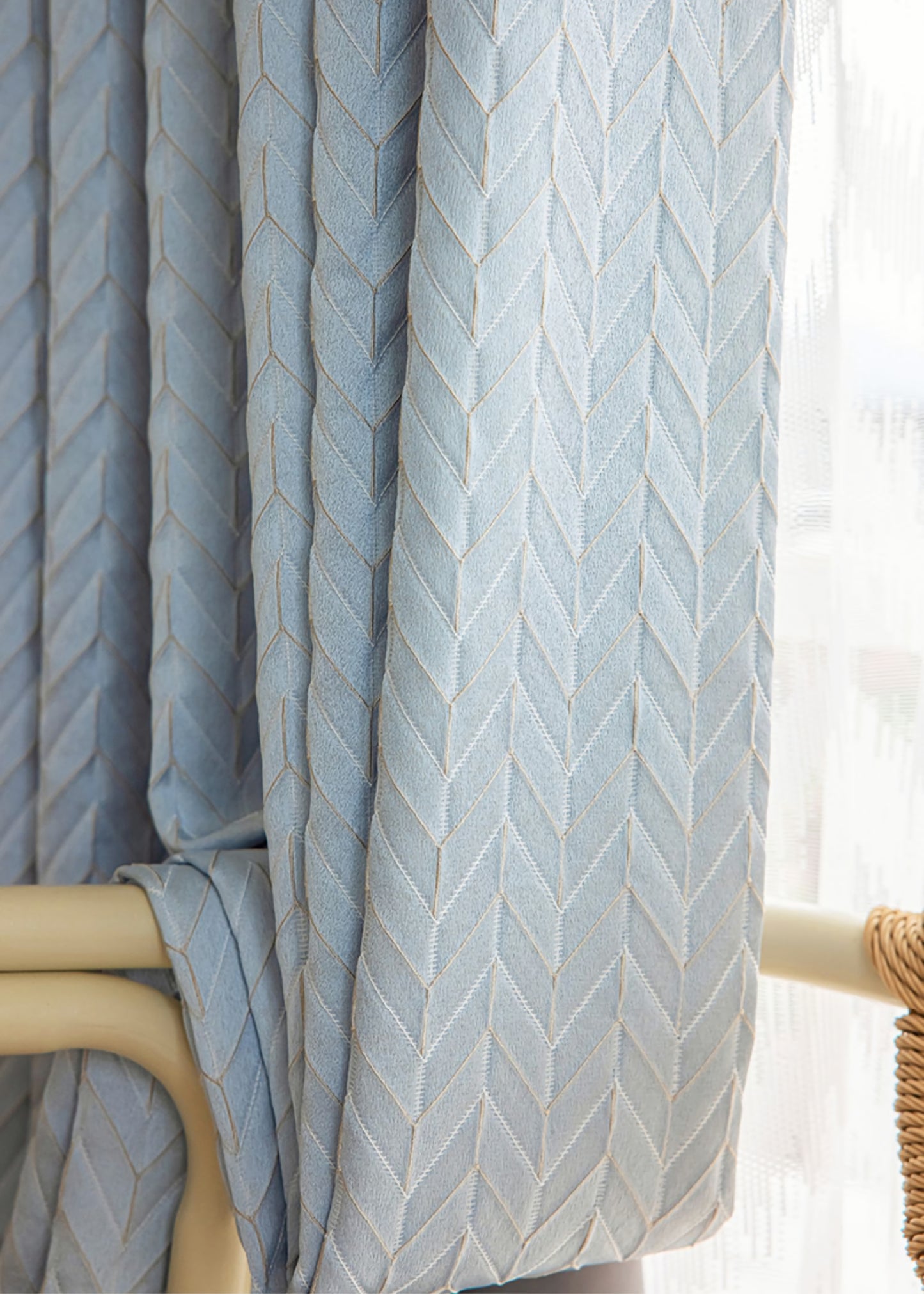A Pair of Luxury Gold Lines Fishbone Pattern Jacquard Sky Blue Curtains , Bedroom/Living Room Curtain Panel ,Custom Curtain Draperies