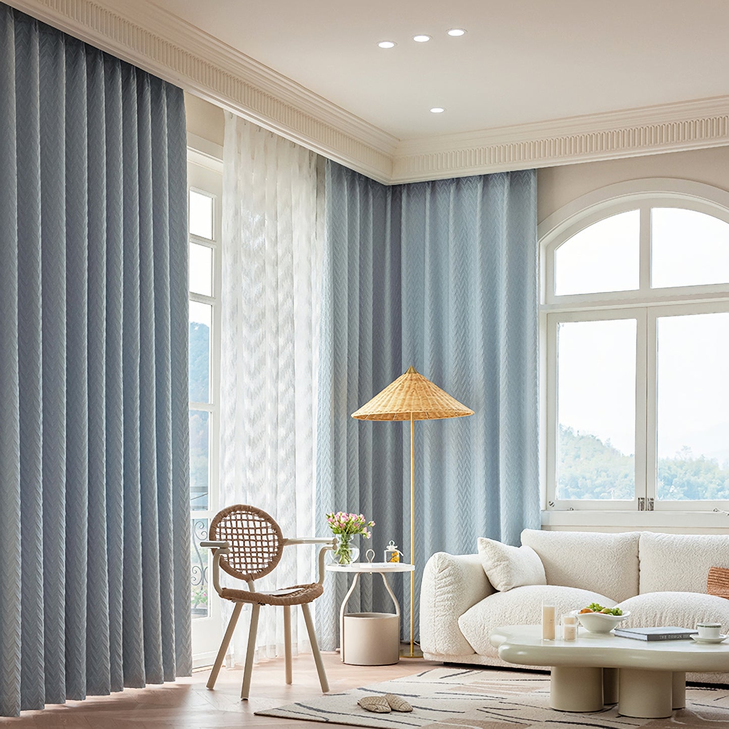 A Pair of Luxury Gold Lines Fishbone Pattern Jacquard Sky Blue Curtains , Bedroom/Living Room Curtain Panel ,Custom Curtain Draperies