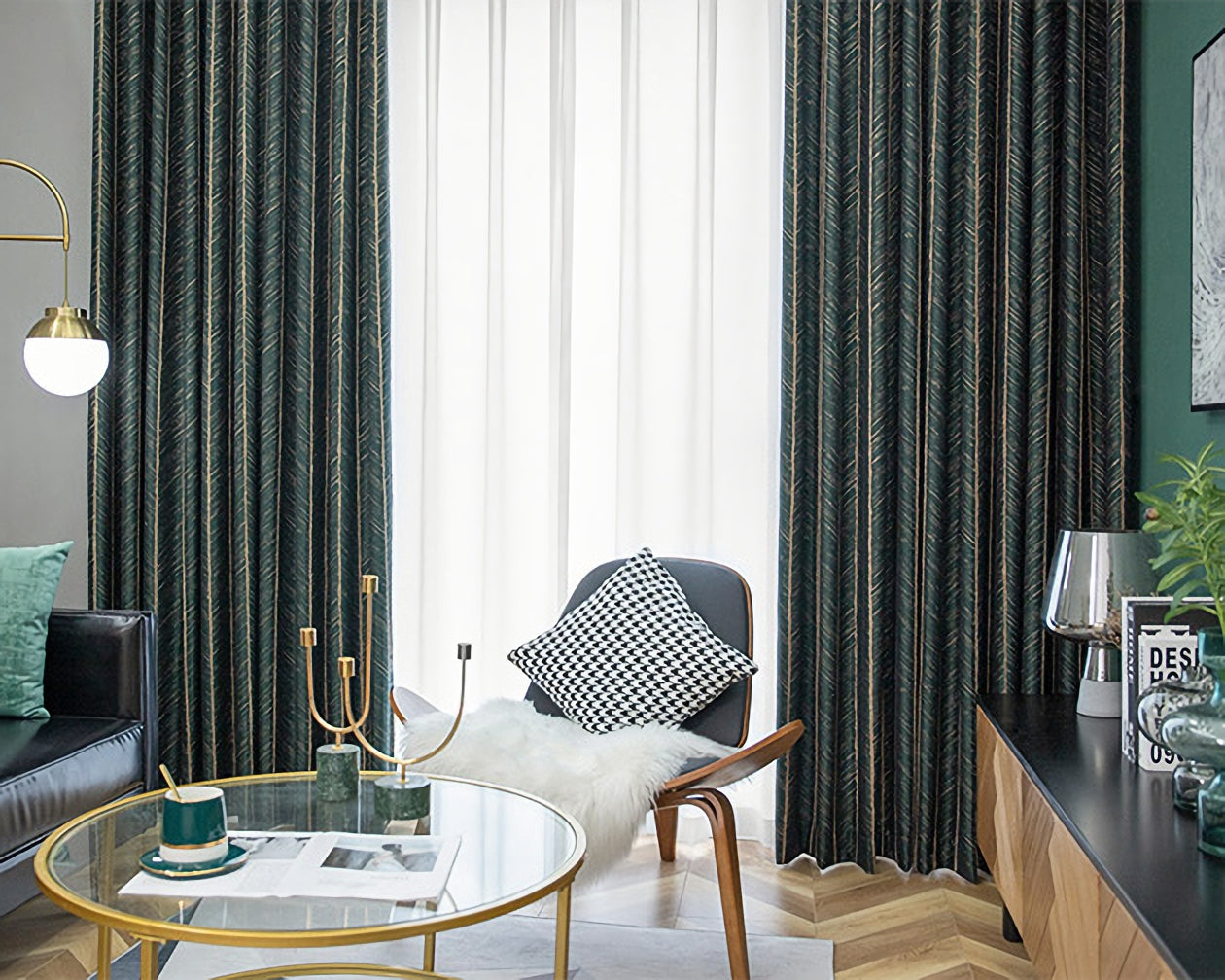 Pair of Emerald/ Dark Green Luxury Gold-line Jacquard Curtains Panels/Stripes, Bedroom/Living room Curtain With Fishbone/Herringbone Pattern