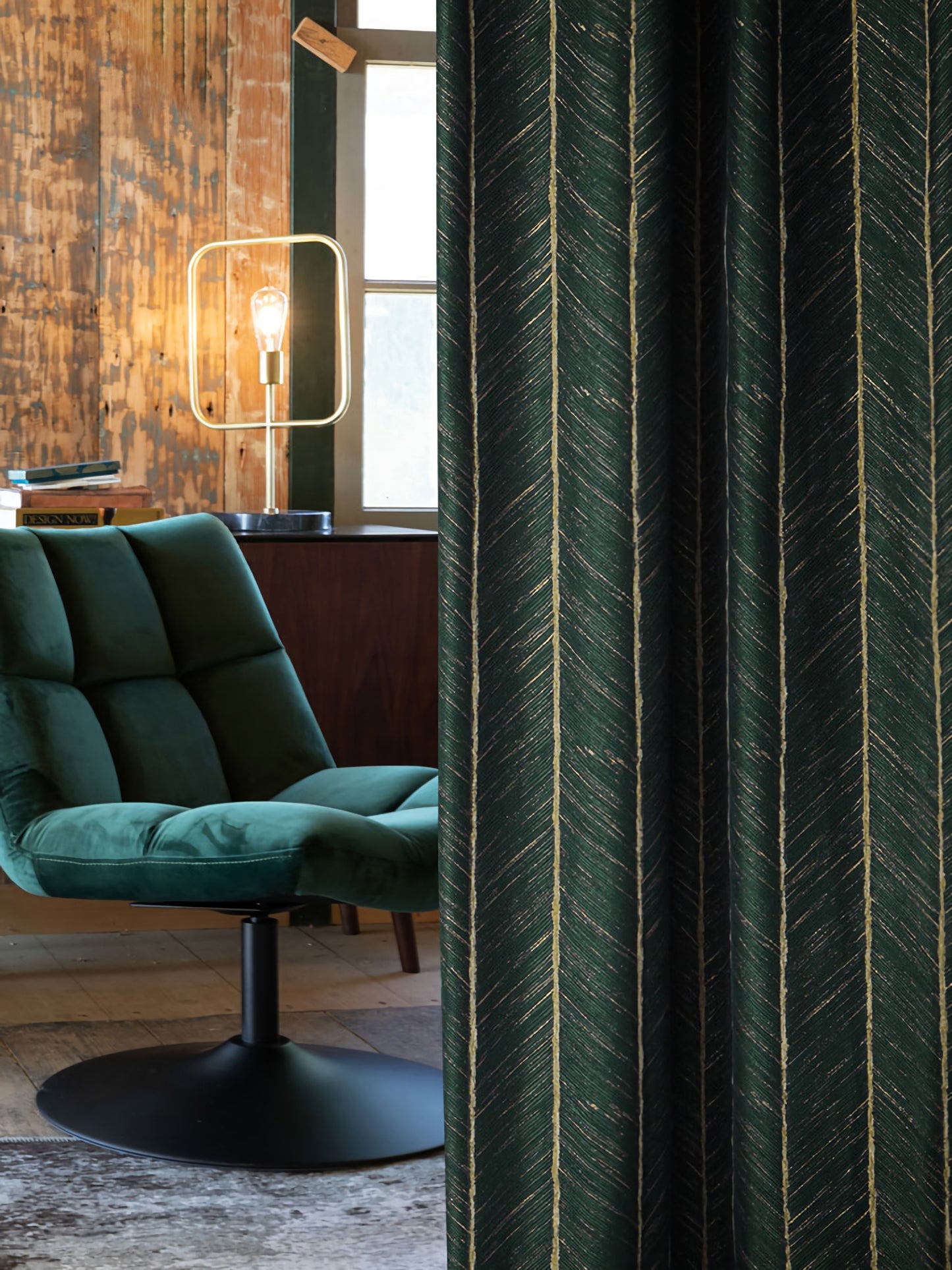 Pair of Emerald/ Dark Green Luxury Gold-line Jacquard Curtains Panels/Stripes, Bedroom/Living room Curtain With Fishbone/Herringbone Pattern