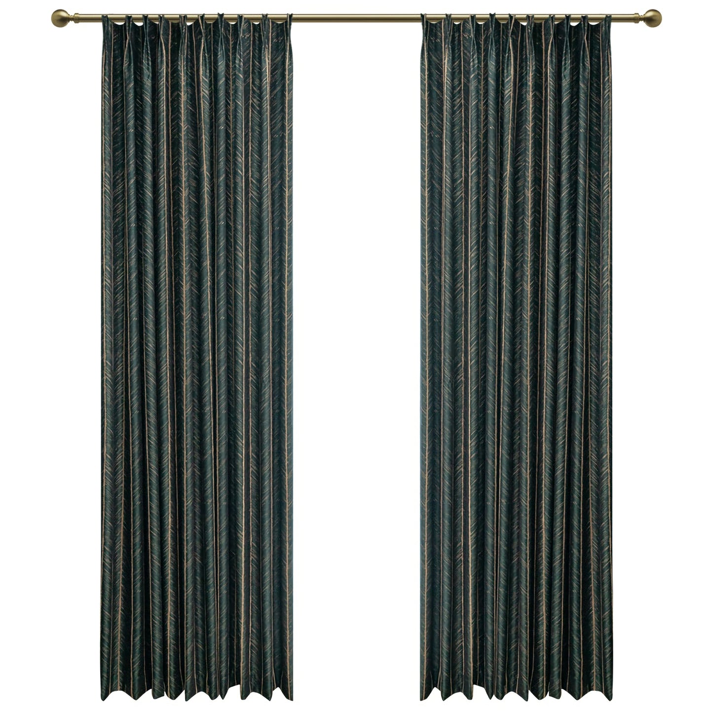 Pair of Emerald/ Dark Green Luxury Gold-line Jacquard Curtains Panels/Stripes, Bedroom/Living room Curtain With Fishbone/Herringbone Pattern