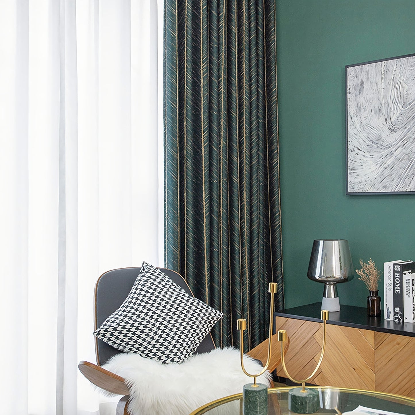 Pair of Emerald/ Dark Green Luxury Gold-line Jacquard Curtains Panels/Stripes, Bedroom/Living room Curtain With Fishbone/Herringbone Pattern