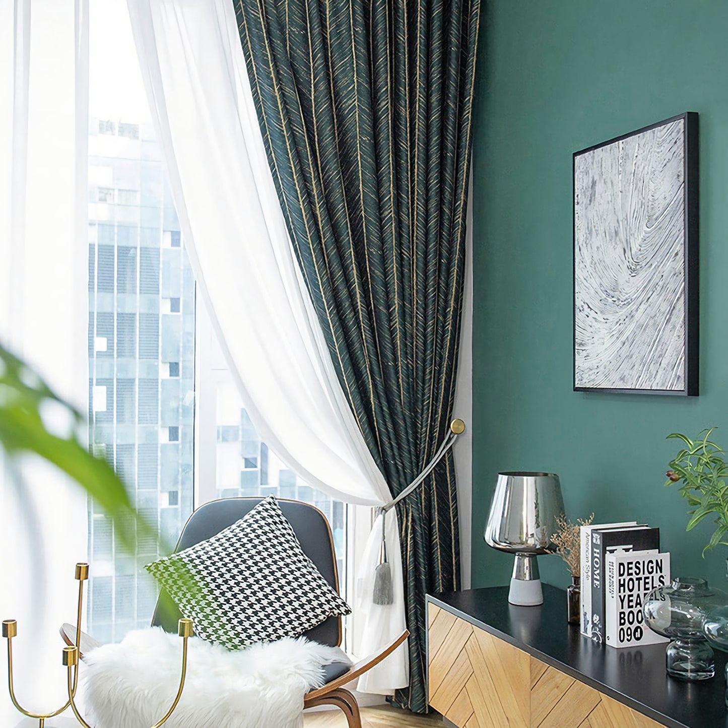 Pair of Emerald/ Dark Green Luxury Gold-line Jacquard Curtains Panels/Stripes, Bedroom/Living room Curtain With Fishbone/Herringbone Pattern