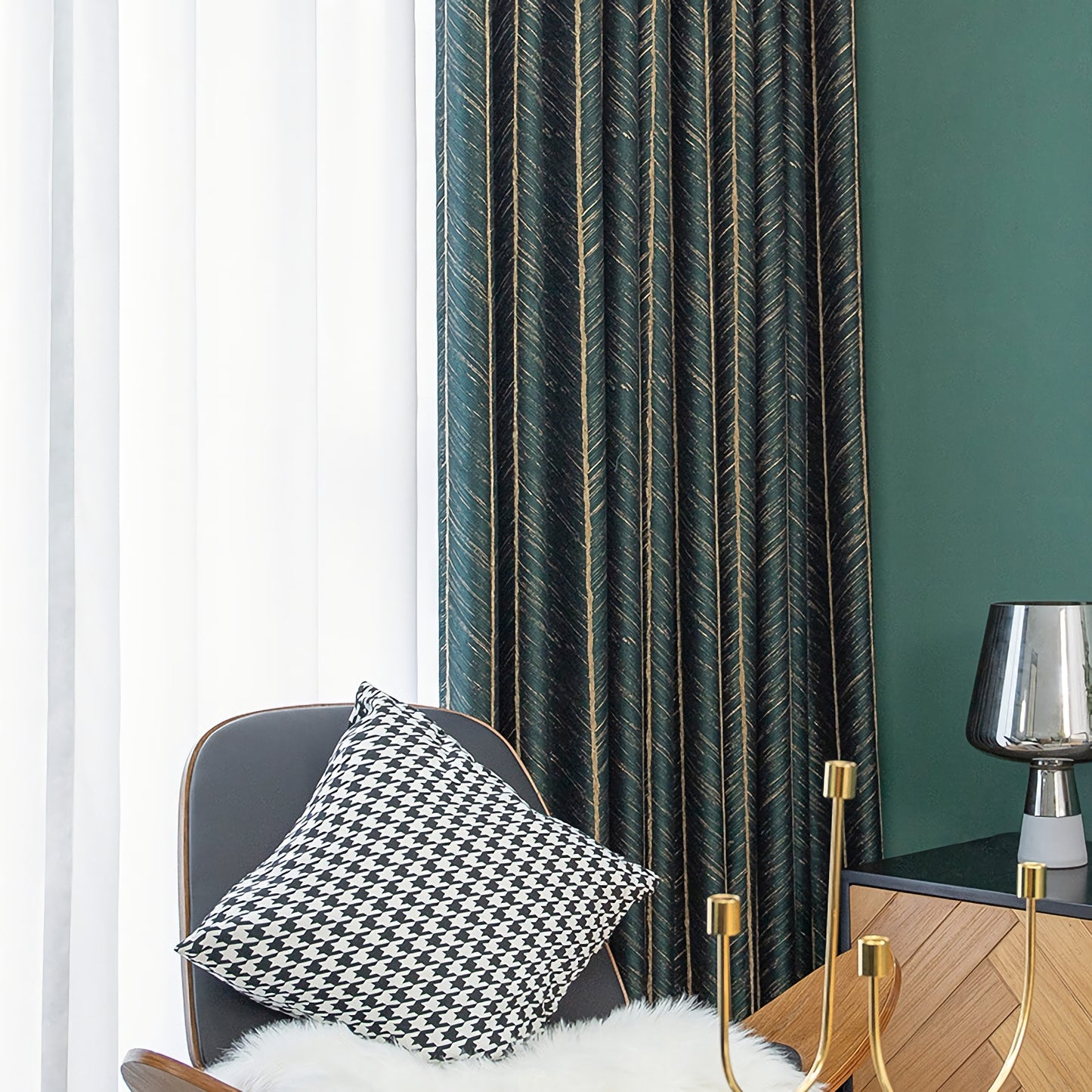 Pair of Emerald/ Dark Green Luxury Gold-line Jacquard Curtains Panels/Stripes, Bedroom/Living room Curtain With Fishbone/Herringbone Pattern