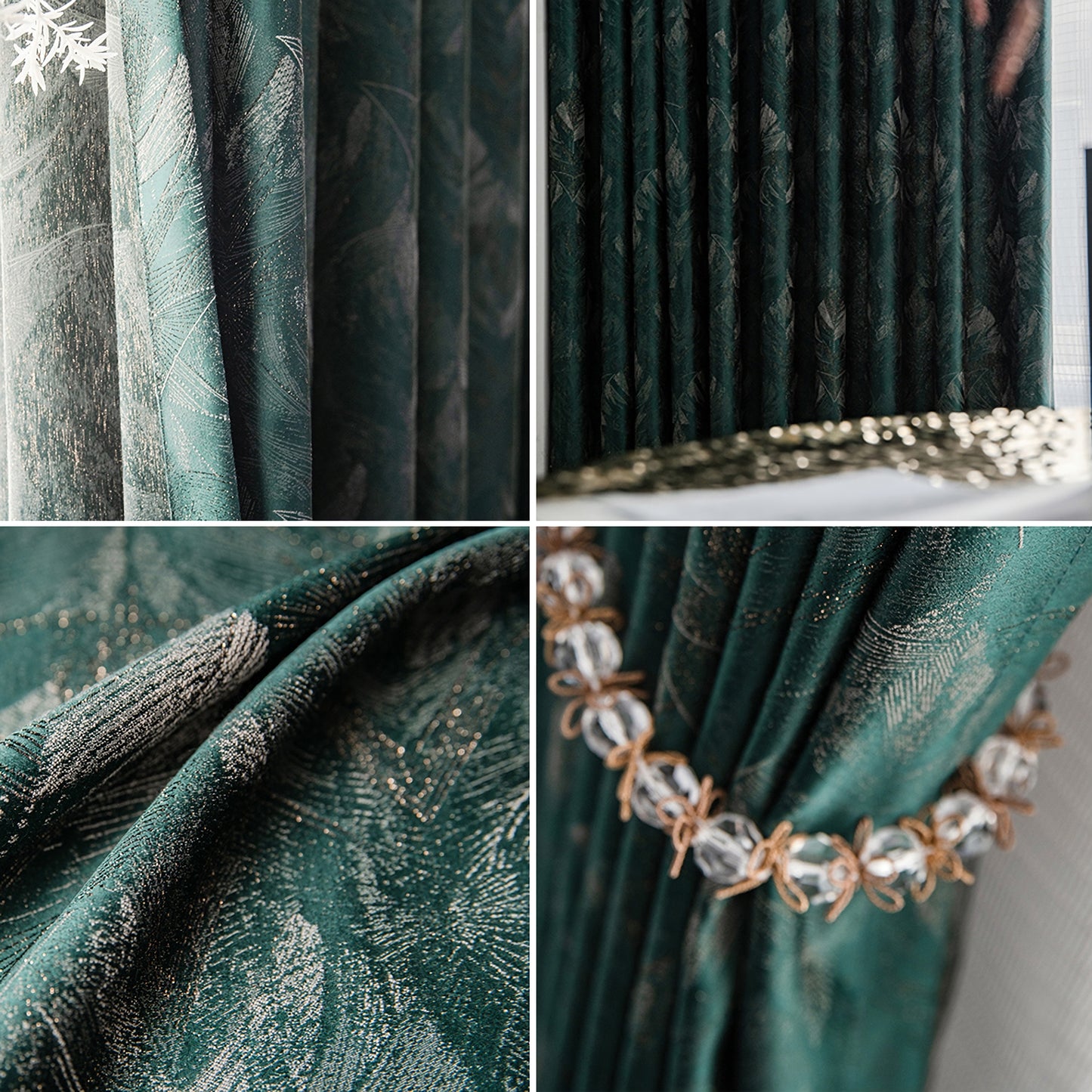 Pair of Luxury Emerald Green Curtains Drapes Bedroom/Living Room Curtains, Floral Plant Golden Jacquard Pattern, Custom Curtains Windows