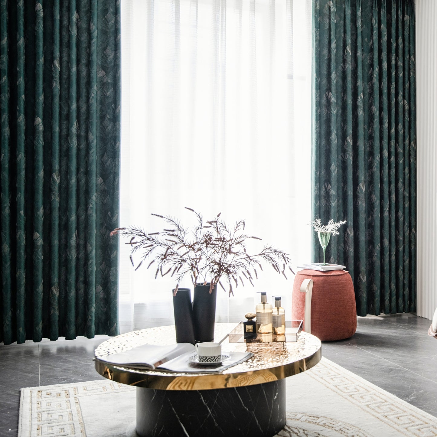 Pair of Luxury Emerald Green Curtains Drapes Bedroom/Living Room Curtains, Floral Plant Golden Jacquard Pattern, Custom Curtains Windows