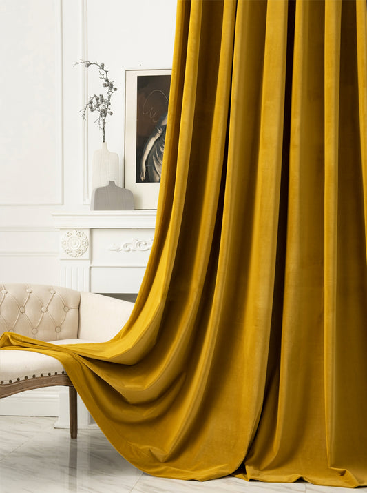 Pair of Yellow velvet curtain, Bedroom/ Living Room Velvet Curtains, Grommet or hook/ring hanging. 25''-50''-75''-100'' width panels.