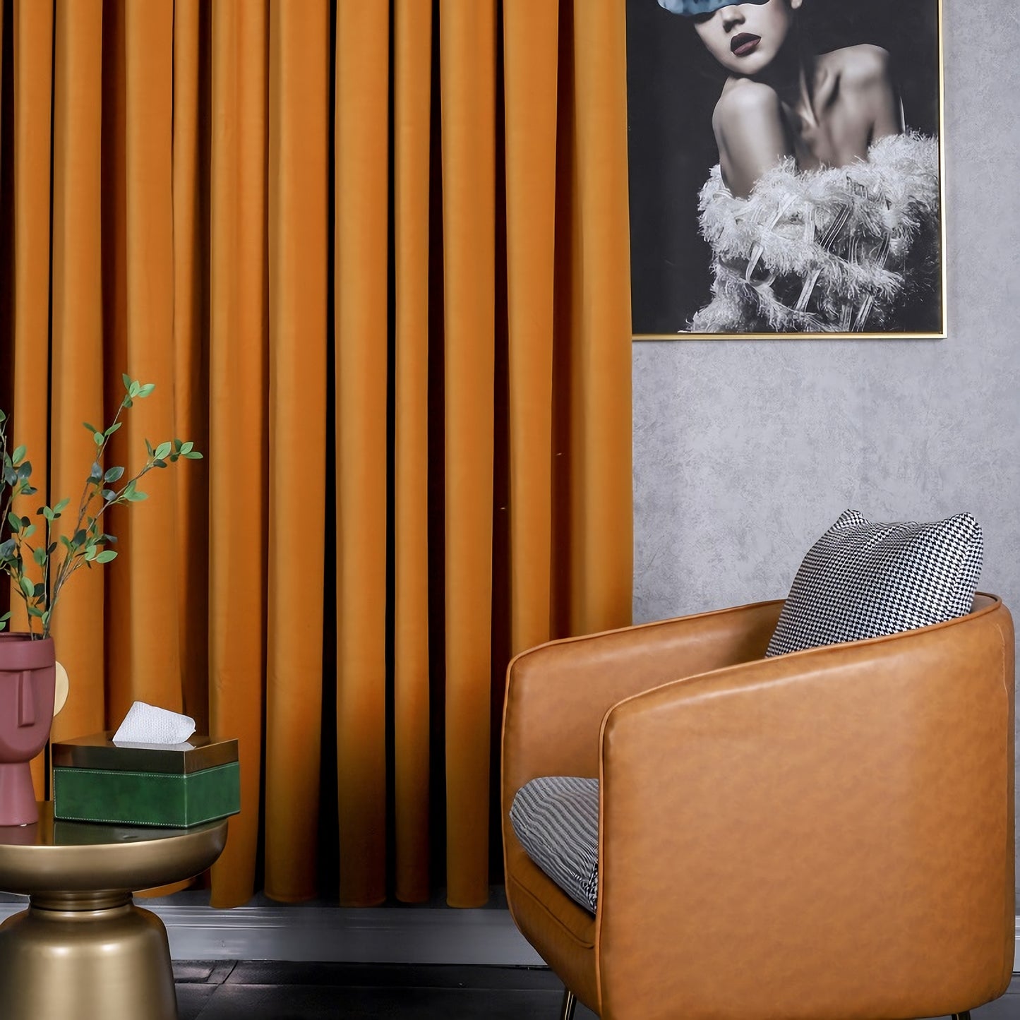A pair of Heavy/Orange Velvet Curtains, Bedroom/ Living Room Velvet Curtains, Grommet or hook/ring hanging, Customizable extra long curtains