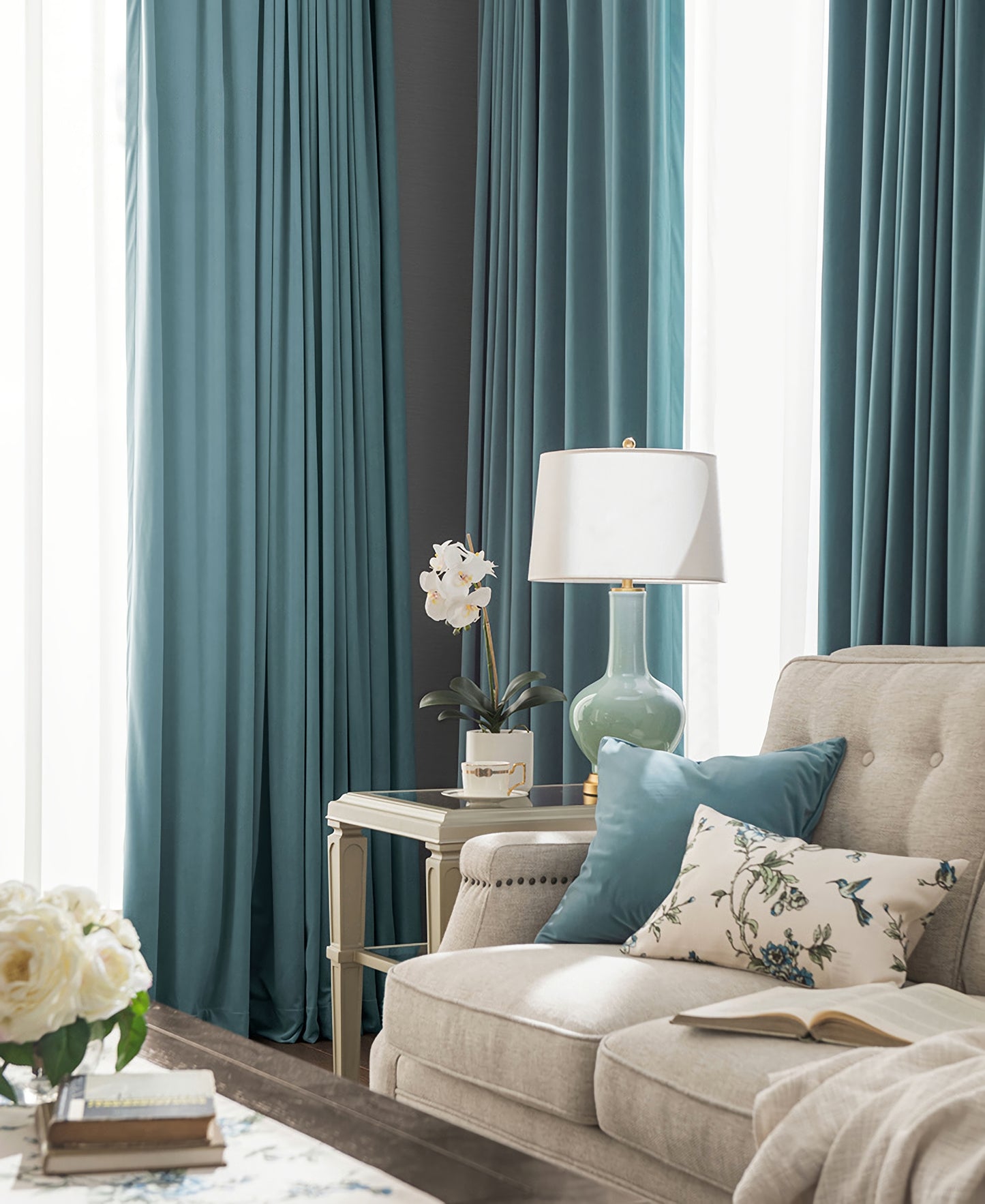 A Pair of Blue Gray Velvet Curtains, Bedroom Velvet Curtains, Living Room Pepper Light Blue Velvet Curtains, Grommet pleated Custom Curtains