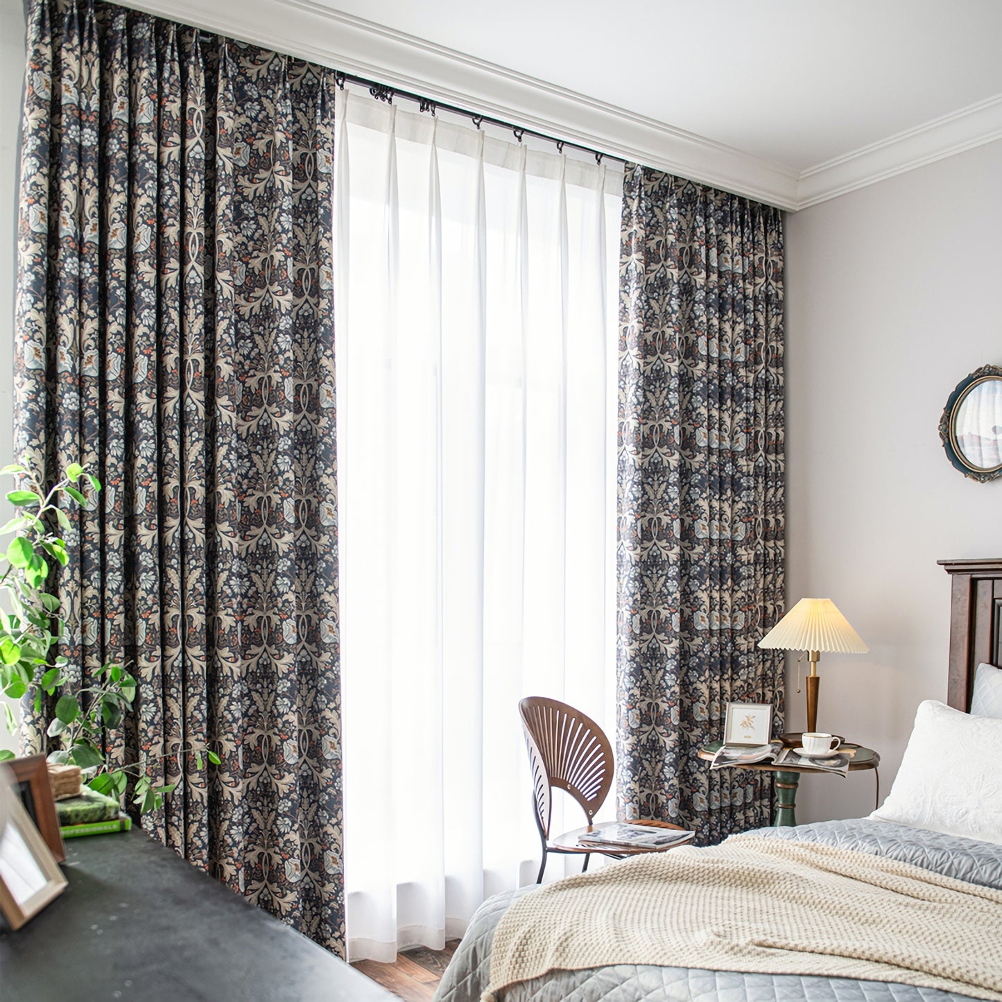 Pair of Navy blue Plant Flower Print Pattern Victorian Curtain Panels, Rustic/Country style Bedroom/Curtains for living room, Custom Curtain