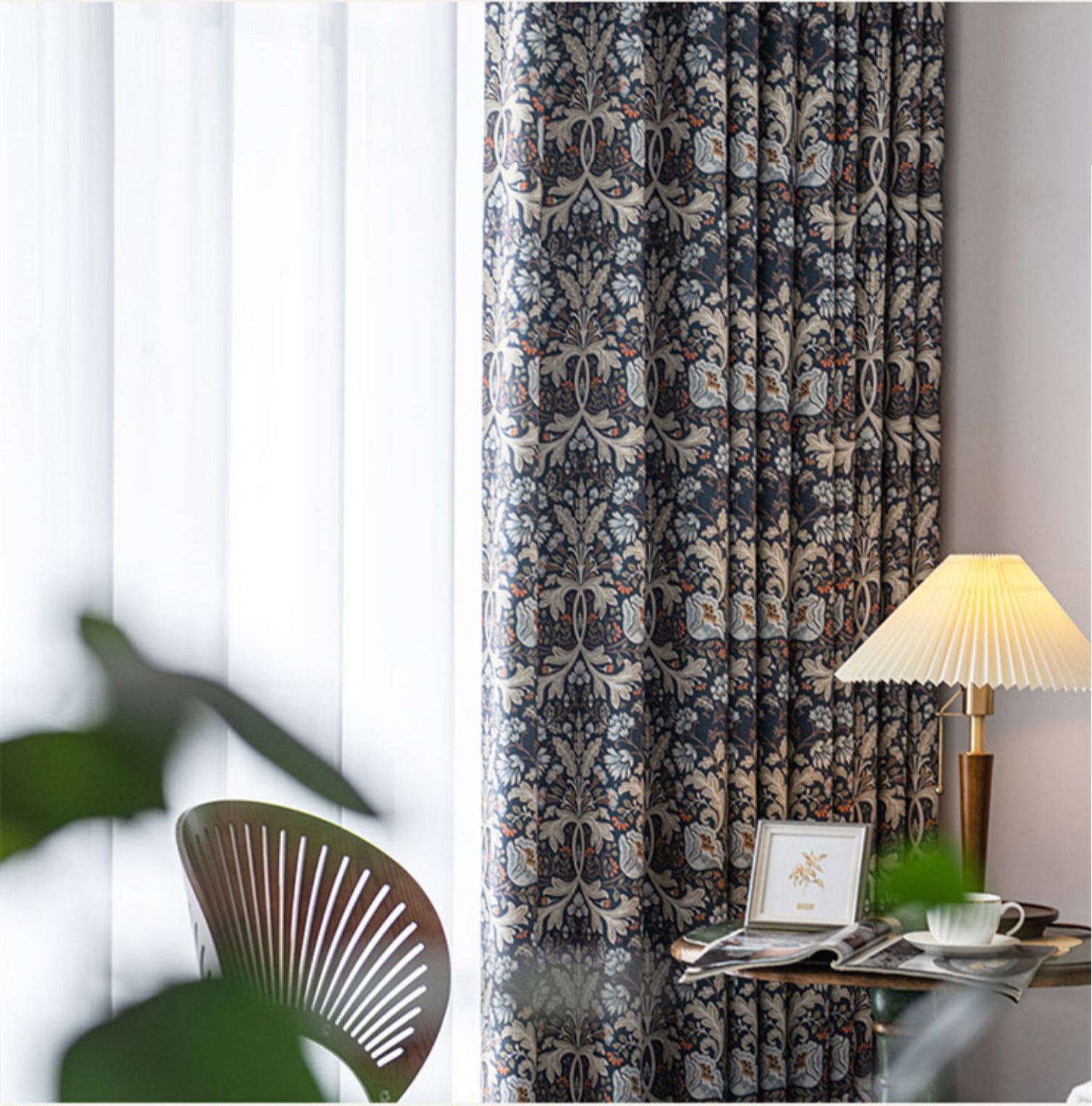 Pair of Navy blue Plant Flower Print Pattern Victorian Curtain Panels, Rustic/Country style Bedroom/Curtains for living room, Custom Curtain