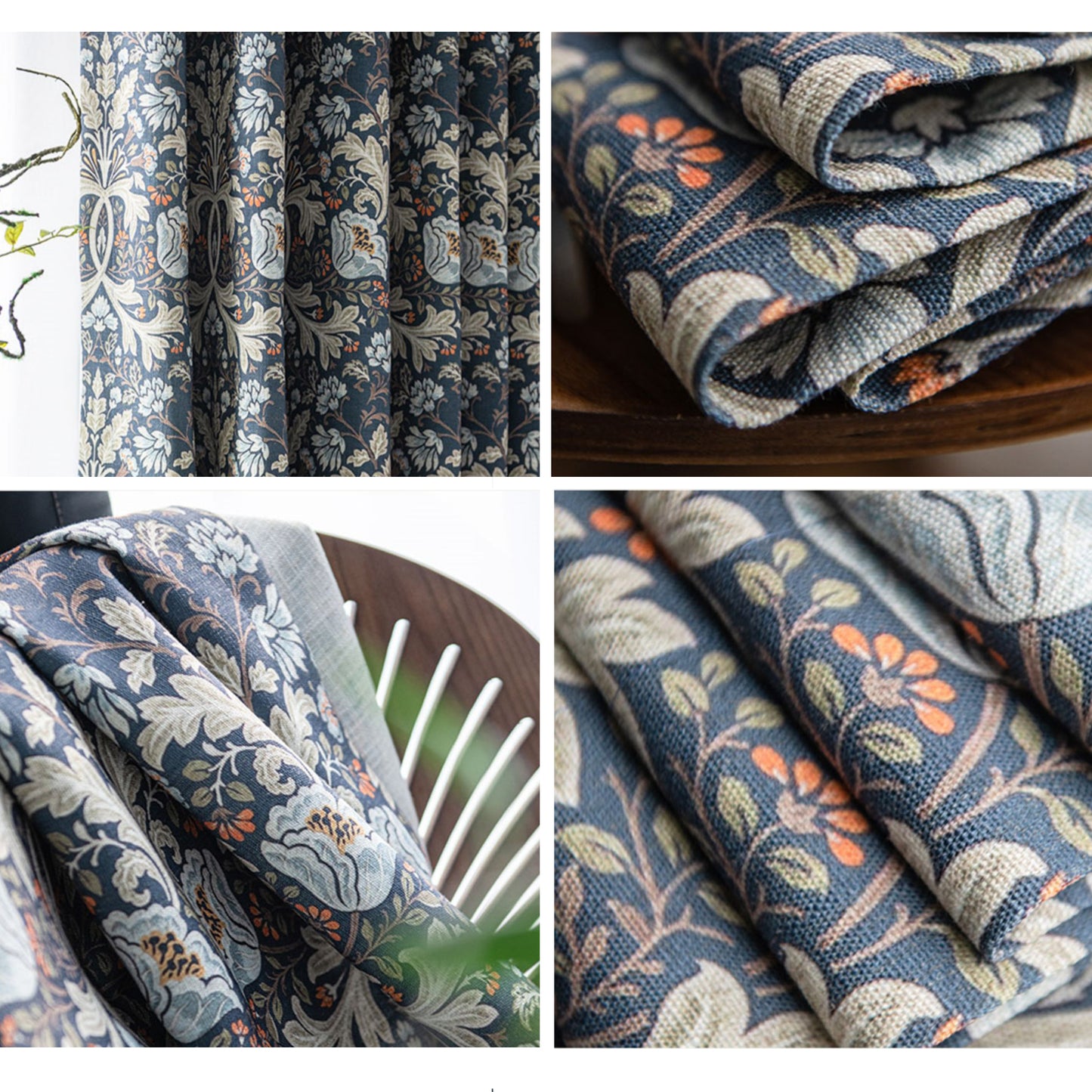 Pair of Navy blue Plant Flower Print Pattern Victorian Curtain Panels, Rustic/Country style Bedroom/Curtains for living room, Custom Curtain