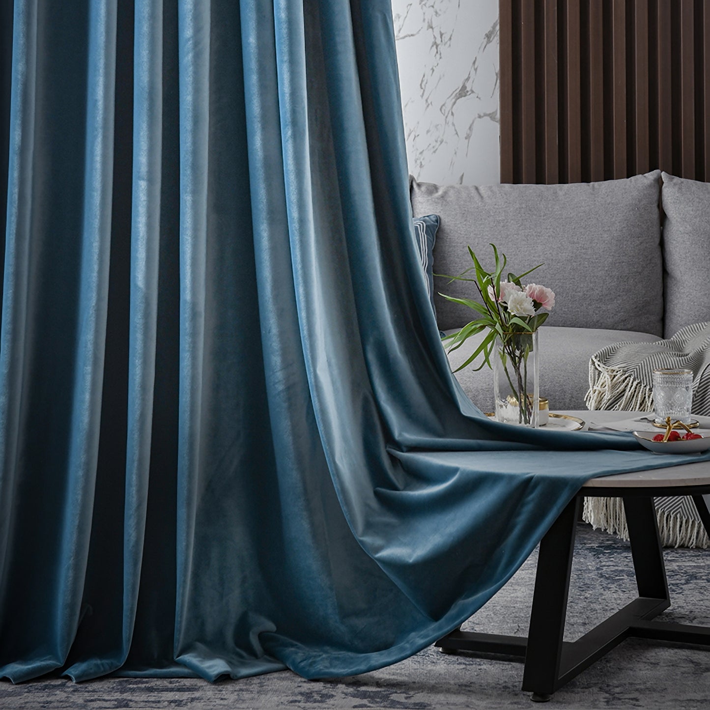 A Pair of Marble Blue Velvet Curtains Panels Drapes Metallic Blue Rod Pocket or Back Tab for Living Room Windows, Custom Curtains