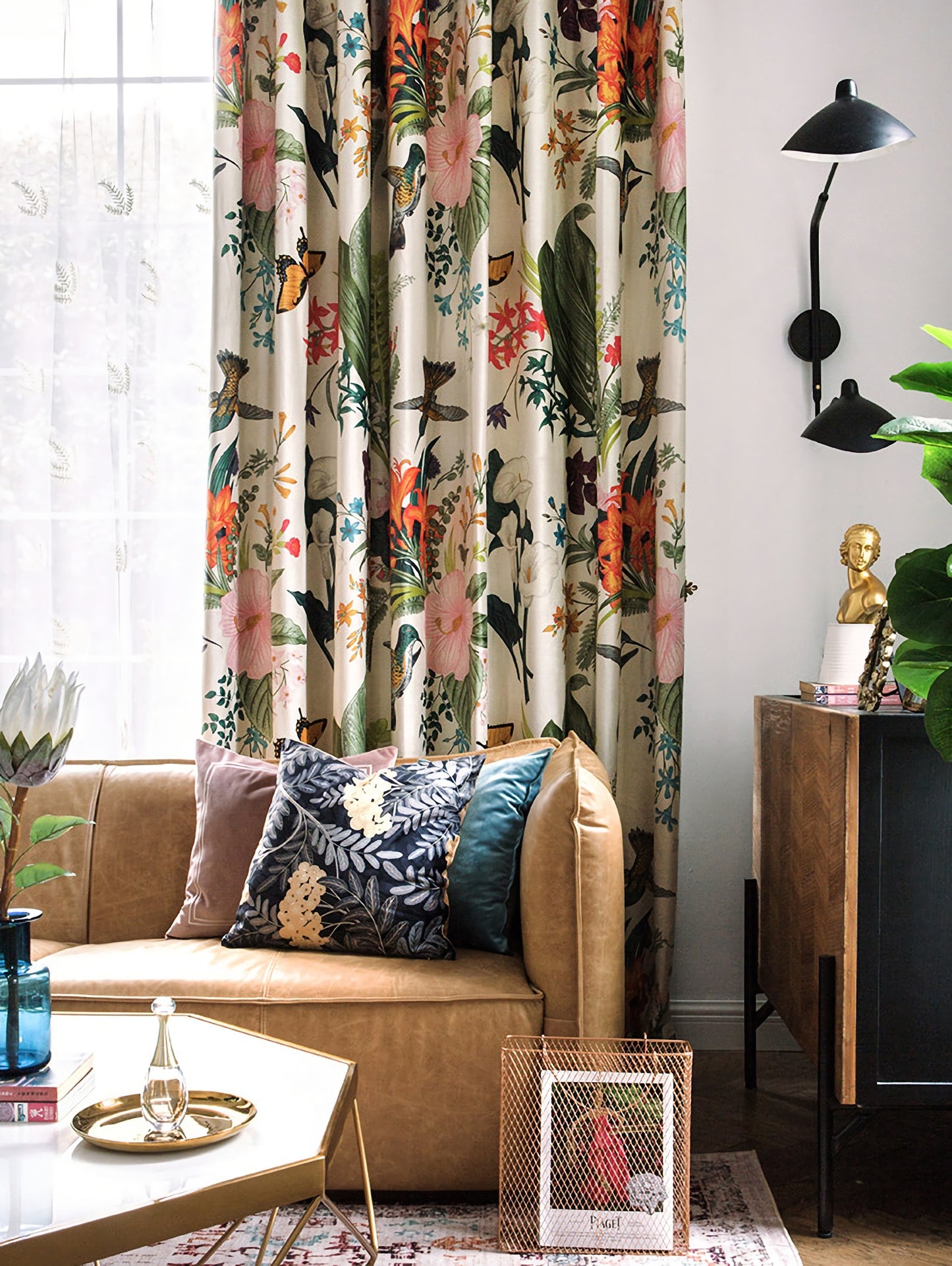 Pair of Bird Print Velvet Curtains Draperies, Pastoral style, birds /Floral Pattern, Living & Bedroom Curtain, Custom size curtains
