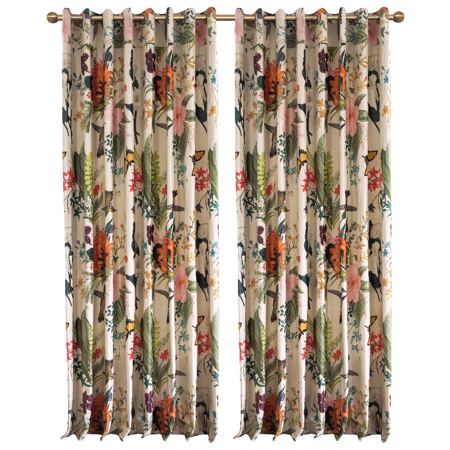 Pair of Bird Print Velvet Curtains Draperies, Pastoral style, birds /Floral Pattern, Living & Bedroom Curtain, Custom size curtains