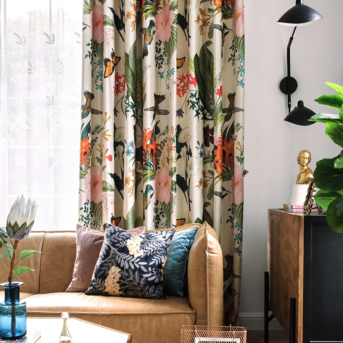 Pair of Bird Print Velvet Curtains Draperies, Pastoral style, birds /Floral Pattern, Living & Bedroom Curtain, Custom size curtains