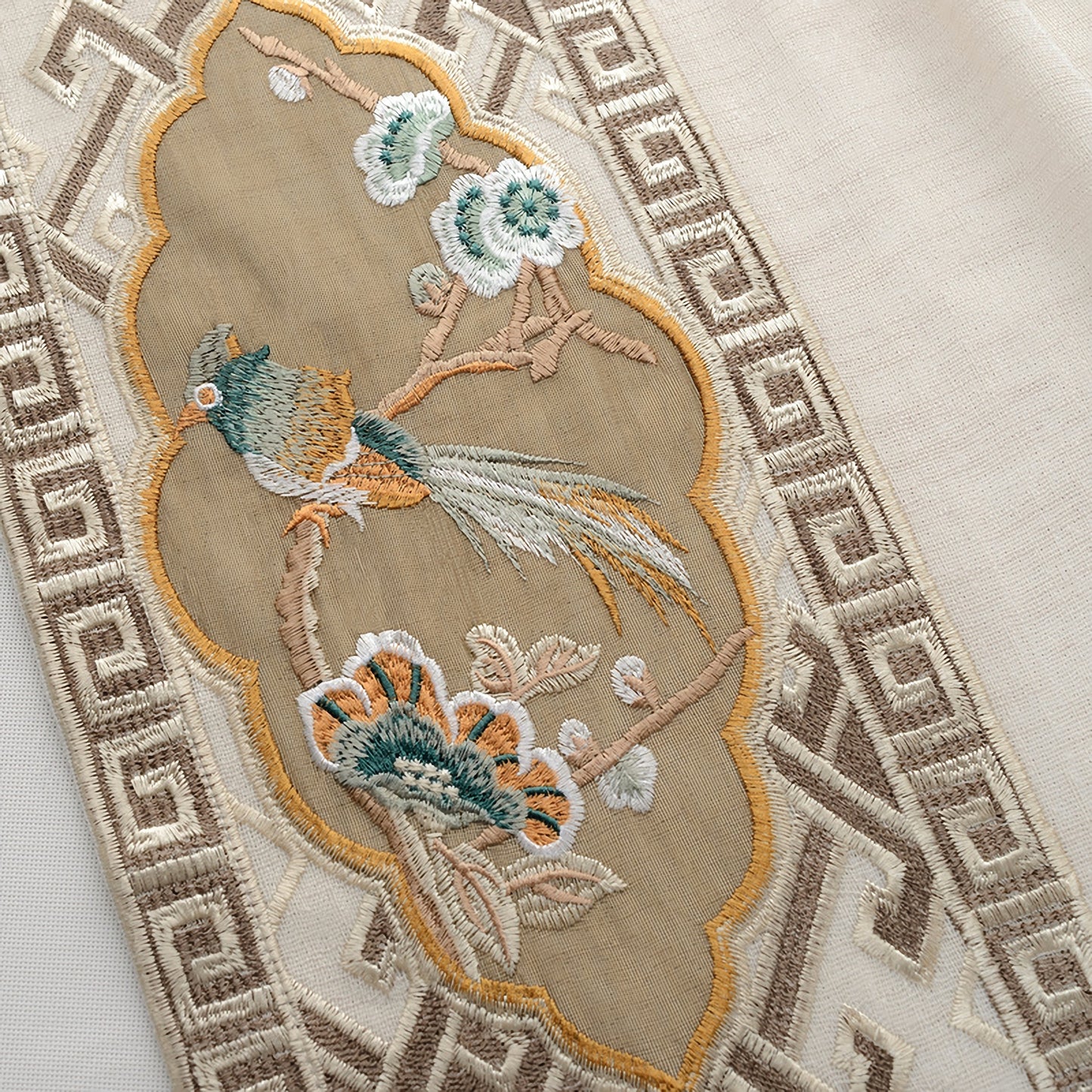 A Pair of Off-white Linen blend Sheer Curtain Voile Panels - ANY SIZE - Bird Figure Embroidered trim Custom Sheer Curtains Made To Order