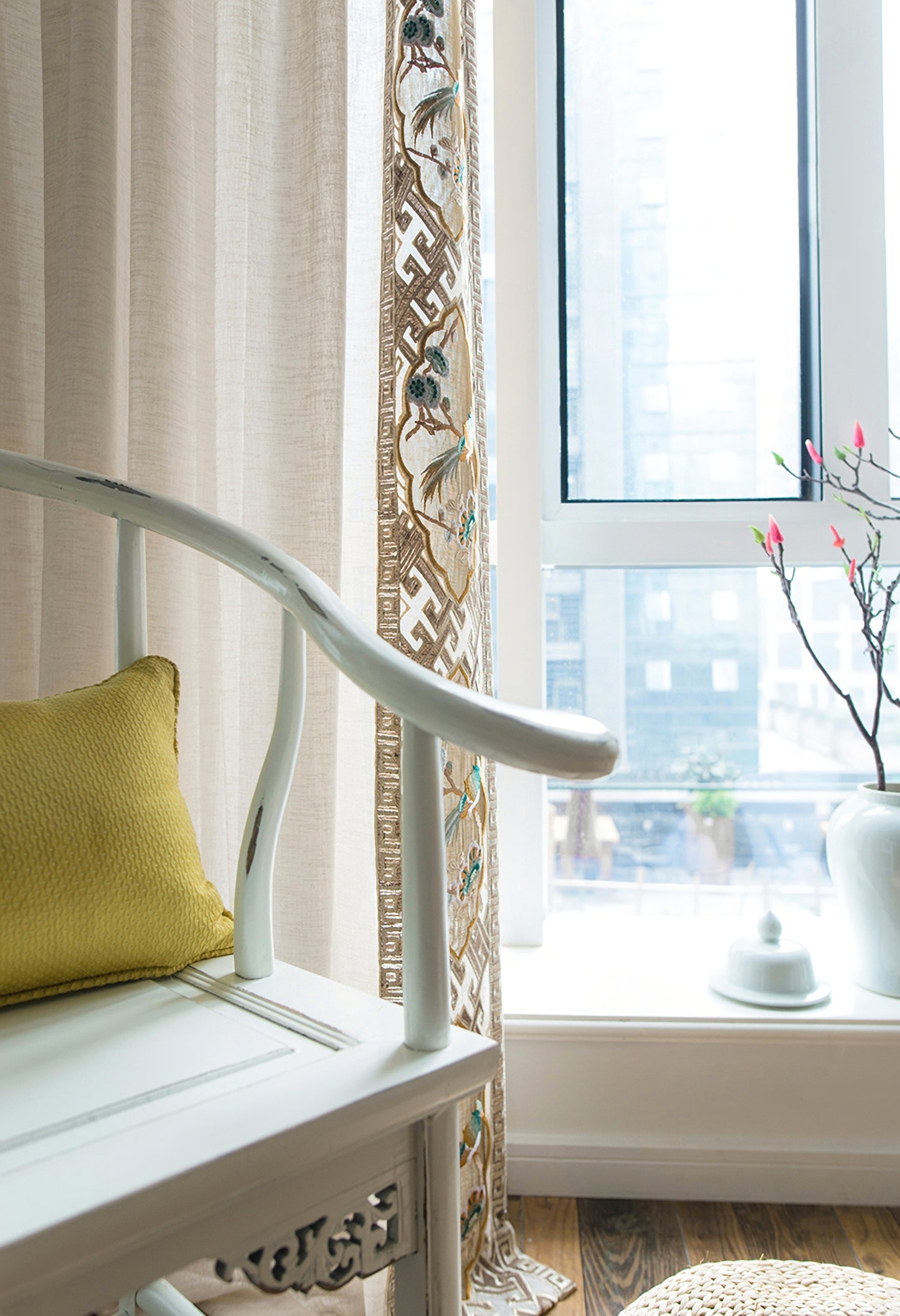 A Pair of Off-white Linen blend Sheer Curtain Voile Panels - ANY SIZE - Bird Figure Embroidered trim Custom Sheer Curtains Made To Order