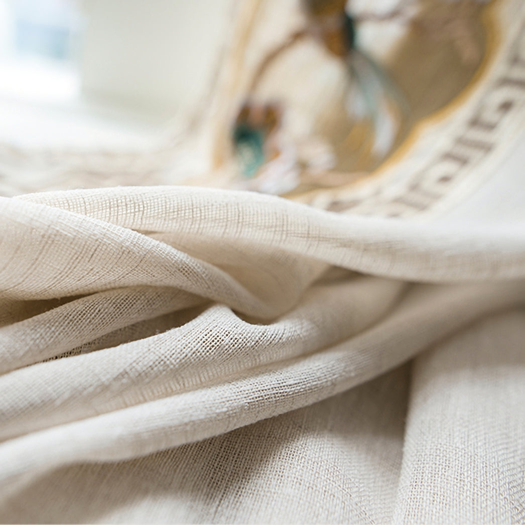 A Pair of Off-white Linen blend Sheer Curtain Voile Panels - ANY SIZE - Bird Figure Embroidered trim Custom Sheer Curtains Made To Order