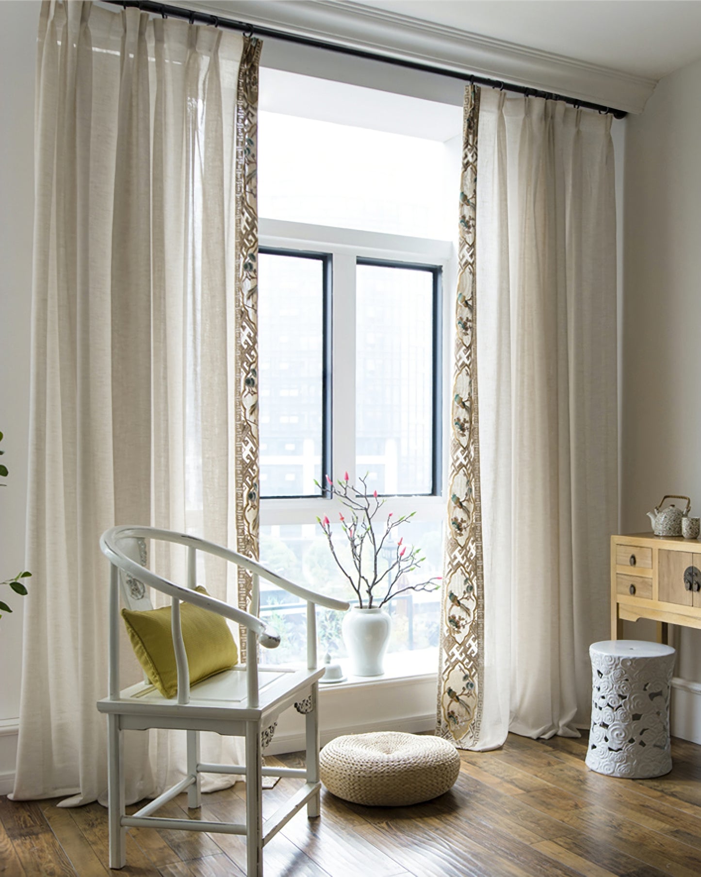 A Pair of Off-white Linen blend Sheer Curtain Voile Panels - ANY SIZE - Bird Figure Embroidered trim Custom Sheer Curtains Made To Order