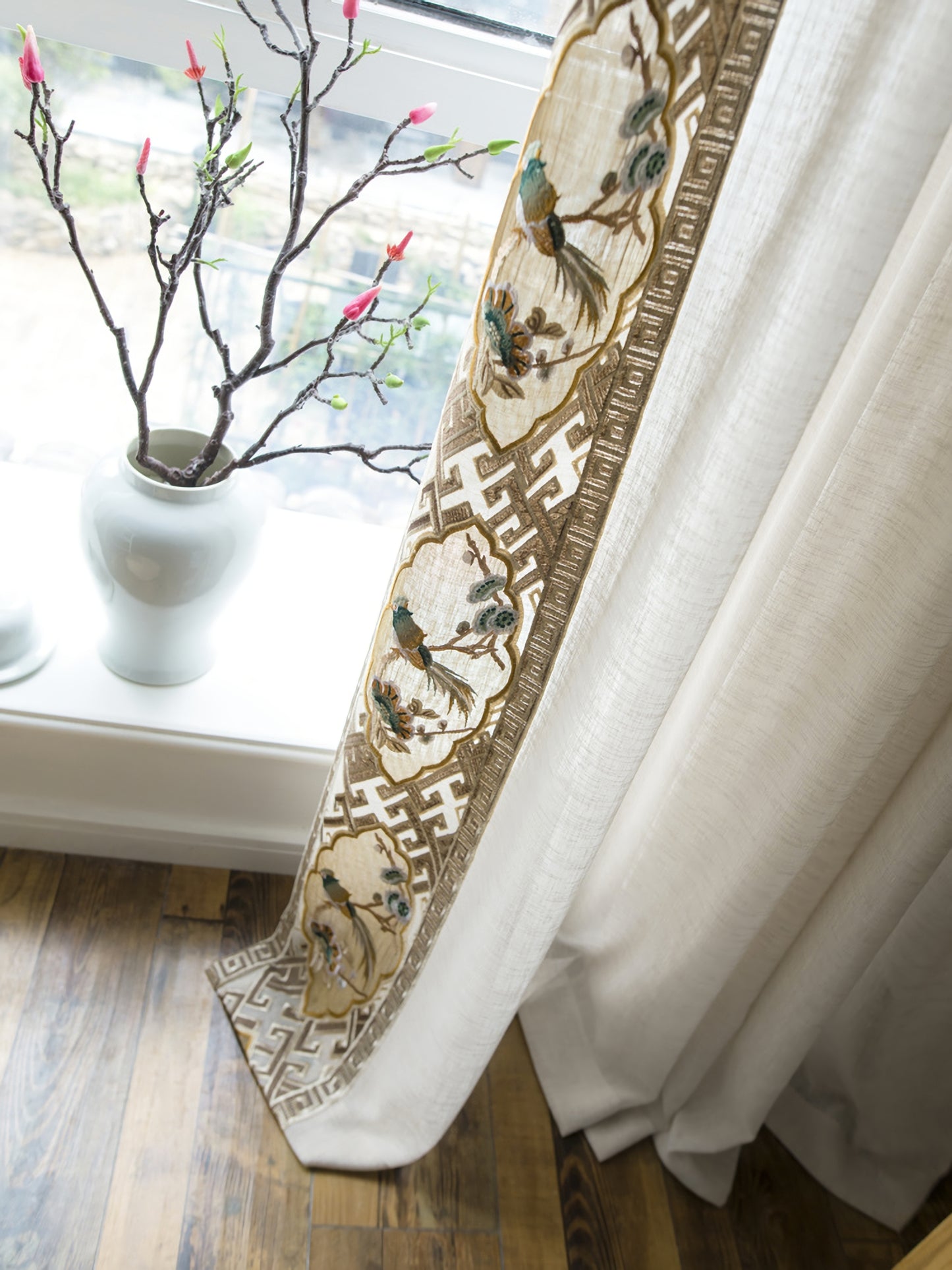 A Pair of Off-white Linen blend Sheer Curtain Voile Panels - ANY SIZE - Bird Figure Embroidered trim Custom Sheer Curtains Made To Order