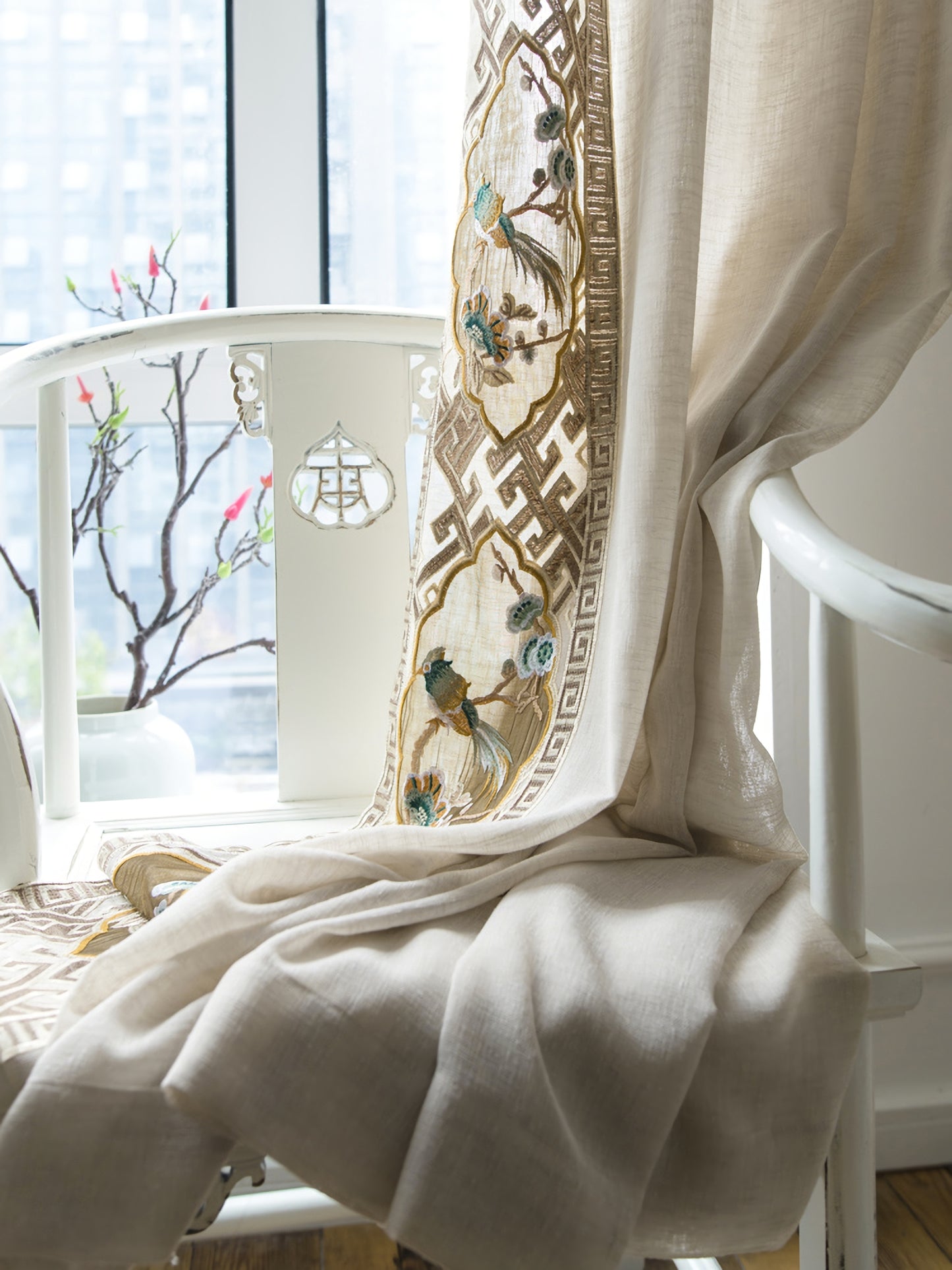 A Pair of Off-white Linen blend Sheer Curtain Voile Panels - ANY SIZE - Bird Figure Embroidered trim Custom Sheer Curtains Made To Order