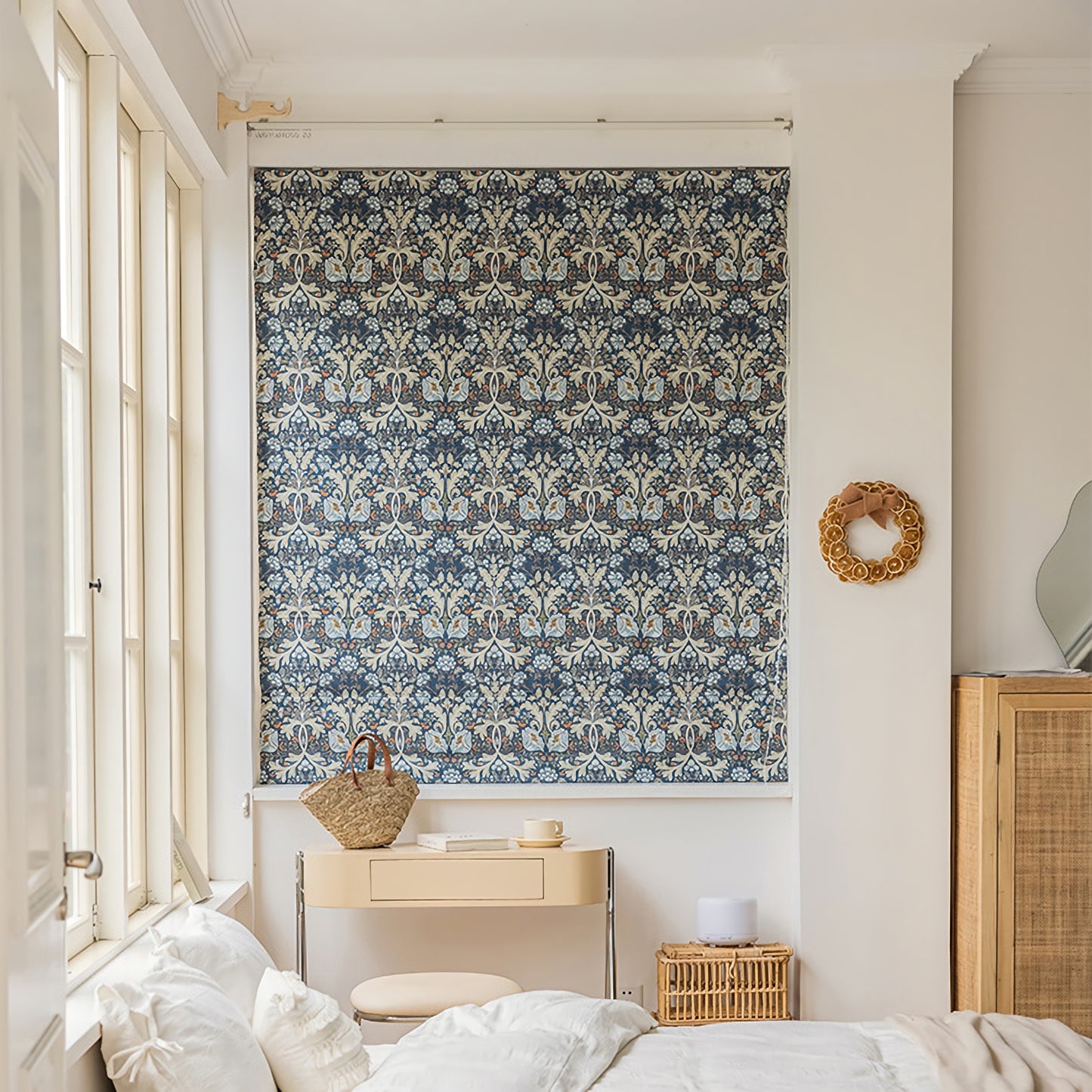 Blue Floral Flat Roman Shades for Windows, roman blinds for kitchen, Roman shades with chain mechanism, Custom window treatment