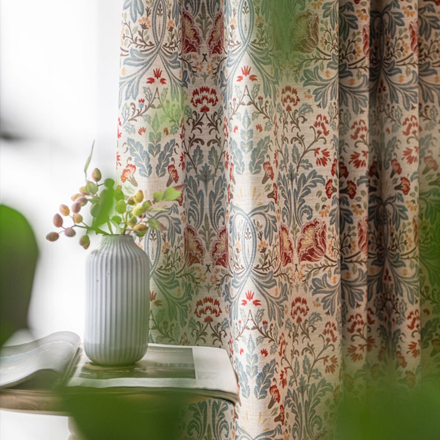 Pair of Beige Plant Flower Print Pattern Victorian Curtain Panels, Country/farmhouse Drapes Bedroom/Curtains for living room, Custom Curtain